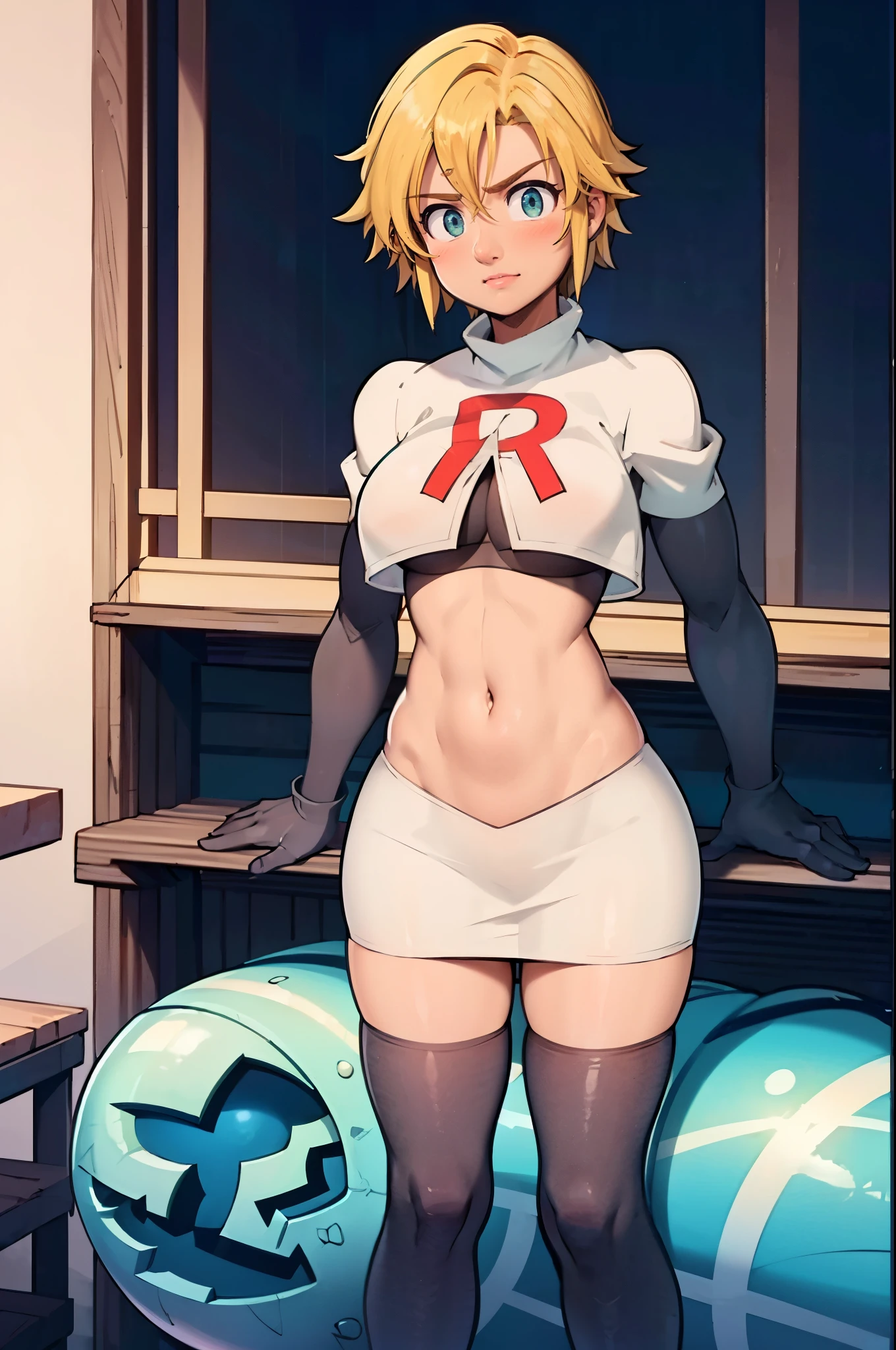 Meliodas in female version with medium breasts team rocket,equipe foguete uniform, letra vermelha R, Saia Branca,top branco,meias pretas,Luvas de cotovelo pretas, qualidade extrema 8k