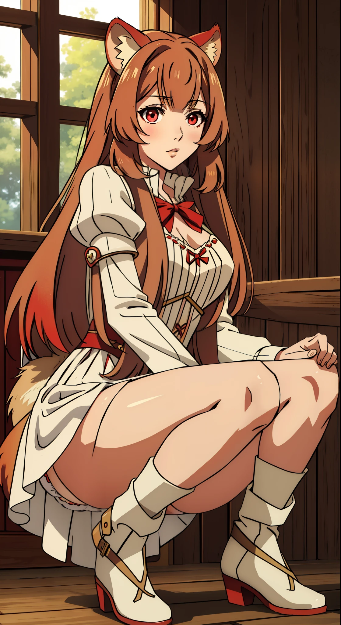 (masterpiece, highest quality),  intricate details,
1 girl,  Raphtalia, white dress、sexy,squatting down、Spread your legs and show off your panties、White Miniskirt Dress、spread legs,show white panties,animal ears, brown hair, long hair, raccoon ears, a racoon girl, raccoon tail, (red eyes:1.5), tail, 
 Hestia Cosplay, rei no himo,