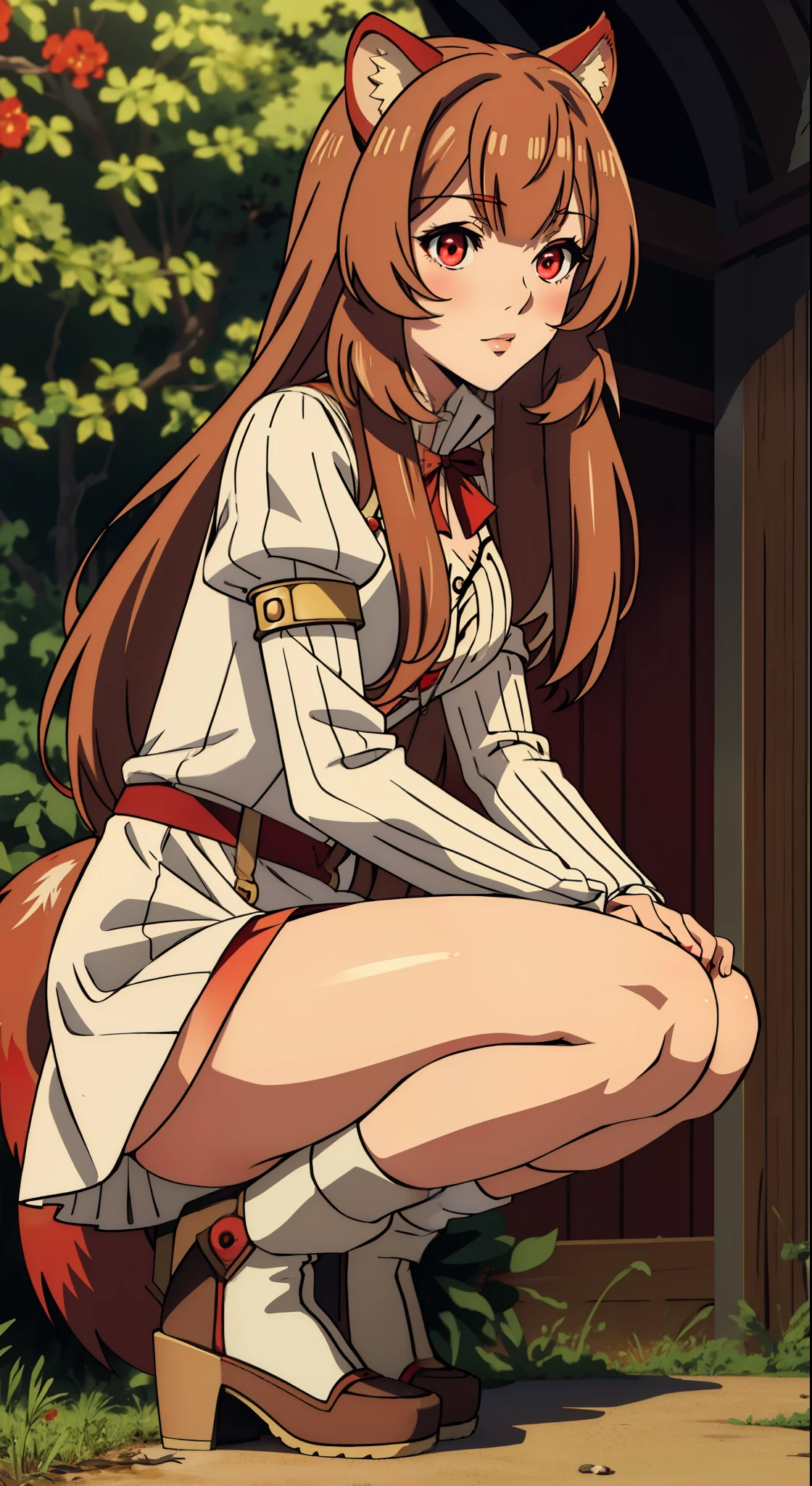 (masterpiece, highest quality),  intricate details,
1 girl,  Raphtalia, white dress、sexy,squatting down、Spread your legs and show off your panties、White Miniskirt Dress、spread legs,show white panties,animal ears, brown hair, long hair, raccoon ears, a racoon girl, raccoon tail, (red eyes:1.5), tail, 
 Hestia Cosplay, rei no himo,