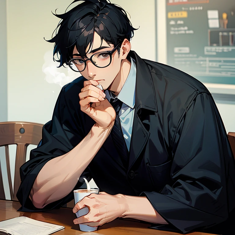 An adult man with black hair and glasses drinking coffee
