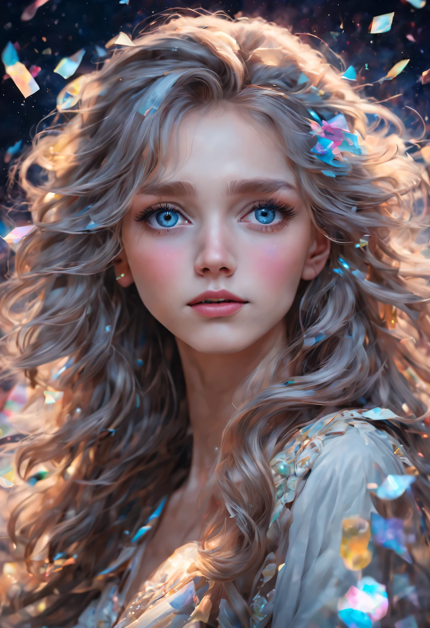 Colored confetti，1990s \(style\), 1 girl, blue eyes, epaulettes, hair covering one eye, long hair, artistic focal point, \(mitigate\), retro artstyle, alone, Traditional media, curls, white hair, | Beautiful night sky | photo manipulation| beautiful composition, Contemporary Impressionism, Portrait of Cheng Yanjun , rainbow colors , 3/4 perspective view, cute face, low angle, (The most beautiful portraits in the world:1.5), ultra high definition, human development report, 8k, (masterpiece:1. 5), dark theme