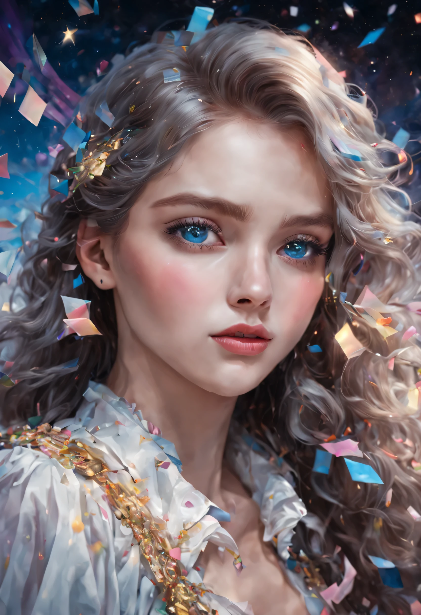 Colored confetti,1990s \(style\), 1 girl, blue eyes, epaulettes, hair covering one eye, long hair, artistic focal point, \(mitigate\), retro artstyle, alone, Traditional media, curls, white hair, | Beautiful night sky | photo manipulation| beautiful composition, Contemporary Impressionism, Portrait of Cheng Yanjun , rainbow colors , 3/4 perspective view, cute face, low angle, (The most beautiful portraits in the world:1.5), ultra high definition, human development report, 8k, (masterpiece:1. 5), dark theme