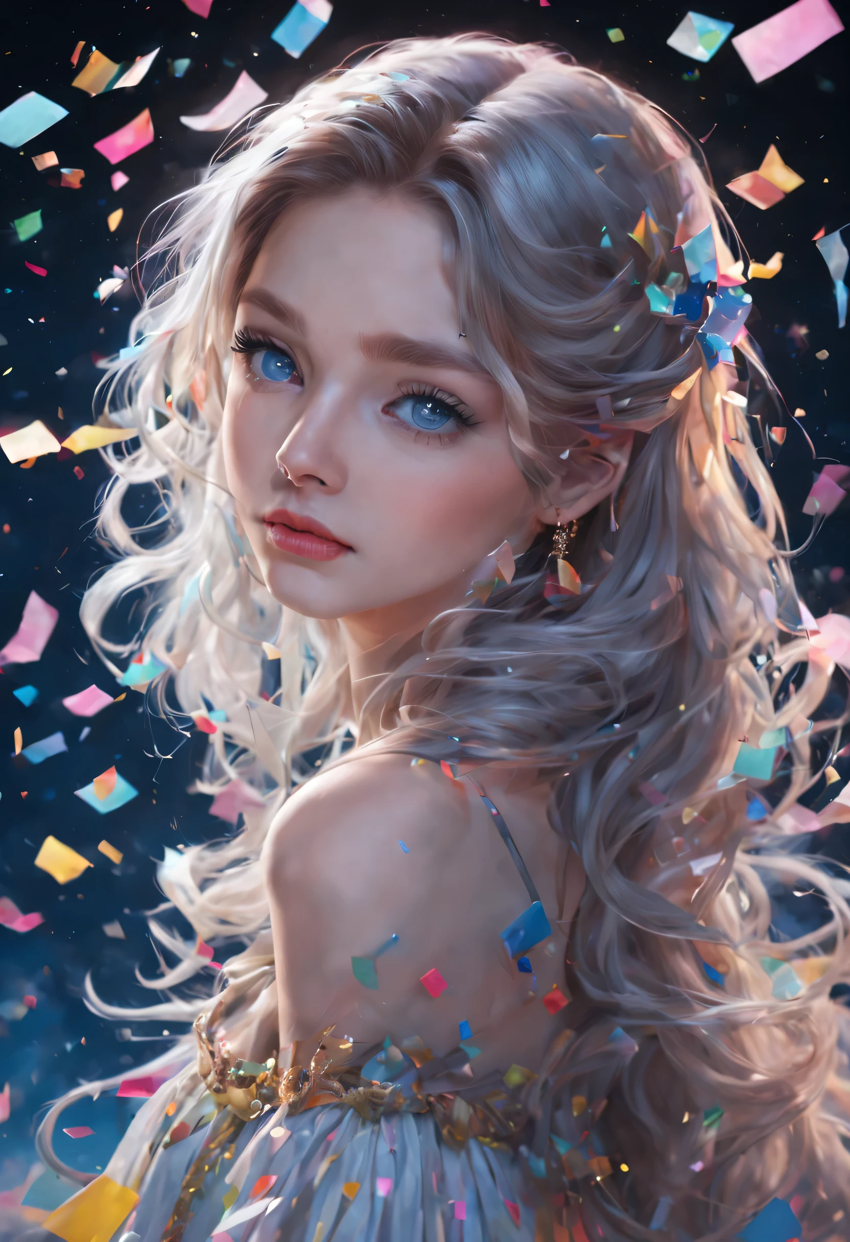Colored confetti，1990s \(style\), 1 girl, blue eyes, epaulettes, hair covering one eye, long hair, artistic focal point, \(mitigate\), retro artstyle, alone, Traditional media, curls, white hair, | Beautiful night sky | photo manipulation| beautiful composition, Contemporary Impressionism, Portrait of Cheng Yanjun , rainbow colors , 3/4 perspective view, cute face, low angle, (The most beautiful portraits in the world:1.5), ultra high definition, human development report, 8k, (masterpiece:1. 5), dark theme