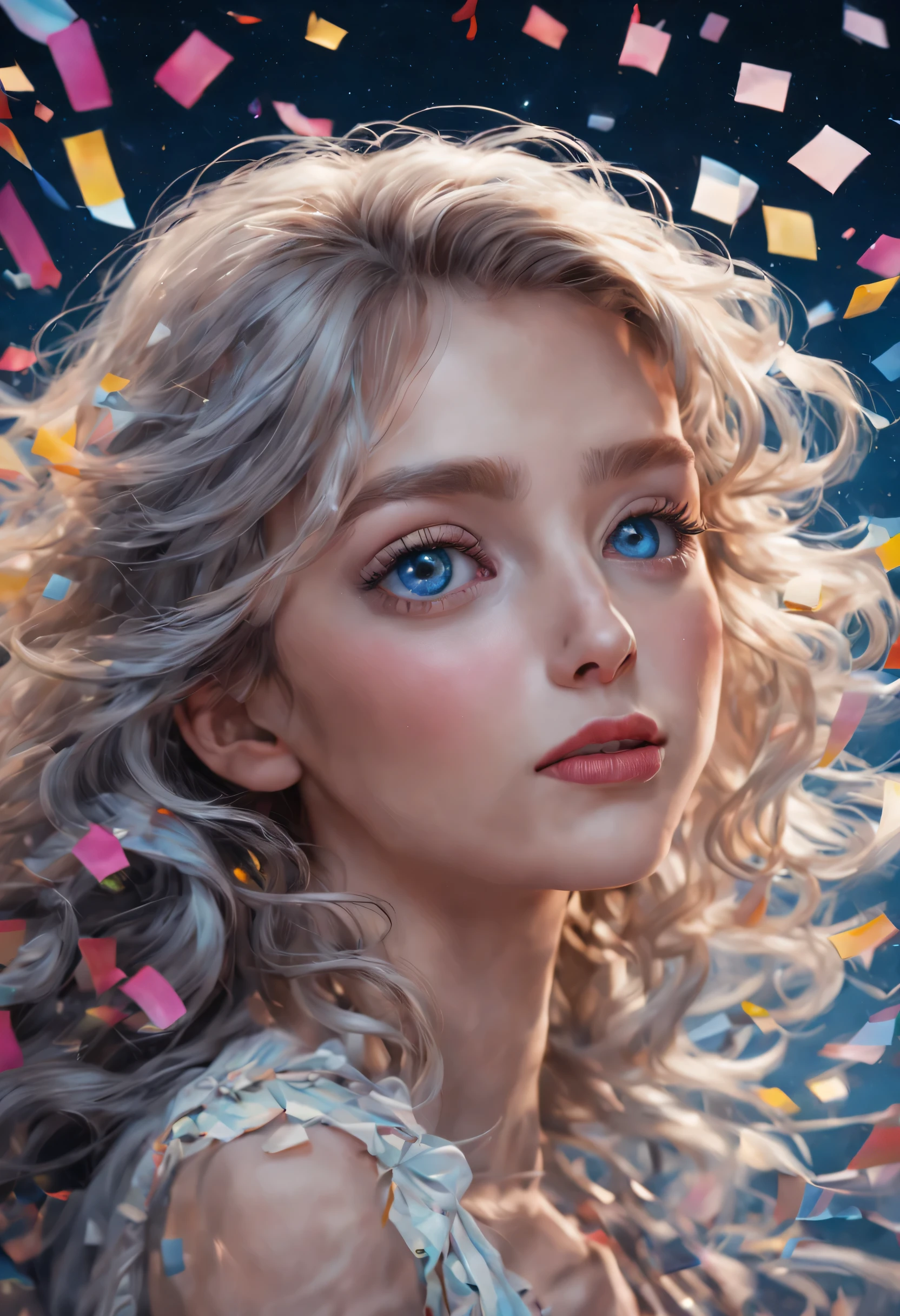 Colored confetti，1990s \(style\), 1 girl, blue eyes, epaulettes, hair covering one eye, long hair, artistic focal point,  \(mitigate\), retro artstyle, alone, Traditional media, curls, white hair, | Beautiful night sky | photo manipulation| beautiful composition, Contemporary Impressionism, Portrait of Cheng Yanjun , rainbow colors , 3/4 perspective view, cute face, low angle, (The most beautiful portraits in the world:1.5), ultra high definition, human development report, 8k, (masterpiece:1. 5), dark theme