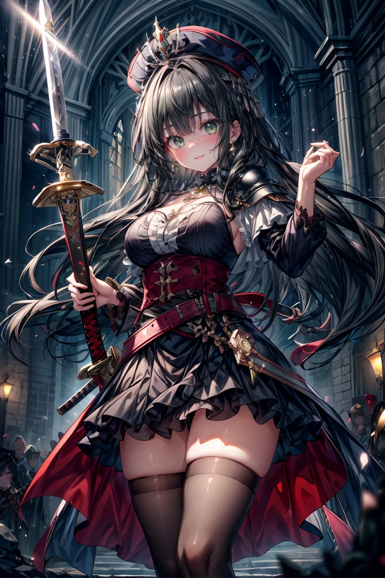 ((8K masterpiece,highest quality)), ultra high resolution, hyper detail, (1 girl), beautiful face, beautiful and delicate eyes,((green eyes)),Big eyes,shining eyes of light,Thin and long eyelashes,detailed light,((black hair)),((Bangs Patsun)),((long hair)),((Straight hair without twists)),big breasts,(very large thighs),thin waist,blush,(grinning smile),troubled face,(please open your mouth wide),(royal swordsman),(((Hold Sword))),silver holy armor,sacred belt around the waist,sapphire crown,gold necklace,sapphire earrings,silver hair ornament,white knee socks,scattered treasures,ambition,(royal family of darkness),(Inside the castle),action pose,motion blur,Depth of written boundary,spectacular panoramic view,angle from below