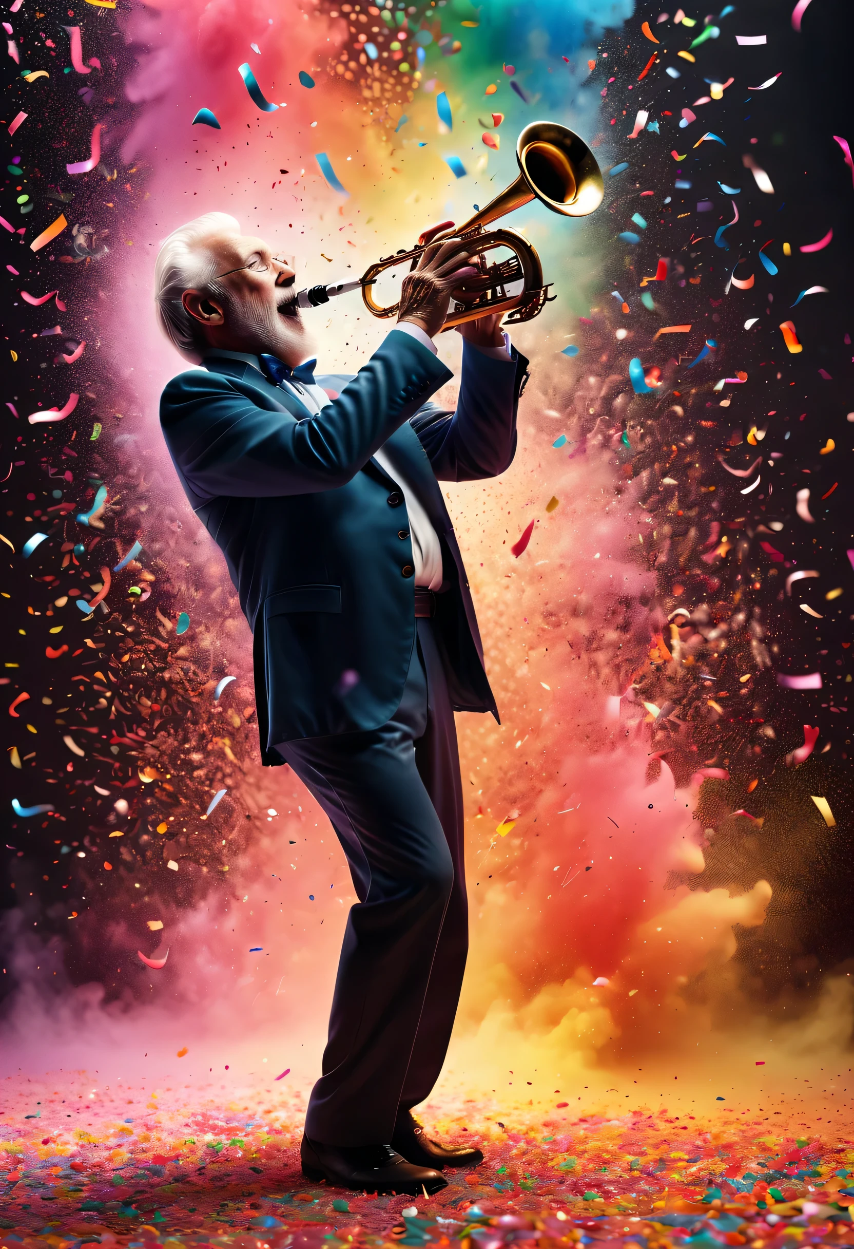 (best picture quality,4K,8k,HD,masterpiece:1.2),super detailed,(lifelike,lifelike,lifelike:1.37)。Creative wallpaper design,extremely beautiful,Confetti explodes like fireworks,(((Old man in the distance,play saxophone,Colorful confetti erupts from the saxophone,Dance to the music melody)))Energetic movement,Dynamic and powerful abstract art,rich and colorful,Vivid rainbow hues,Joyful and lively atmosphere,Bright orange,pink,Whimsical and dreamy,dark background