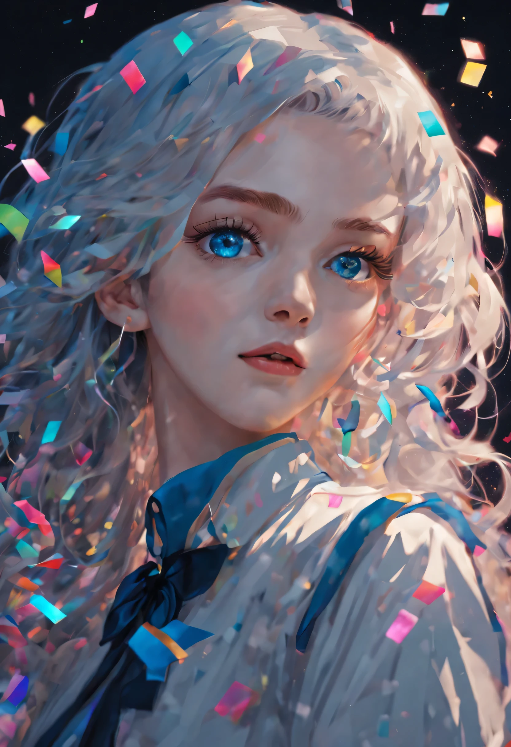 Colored confetti,1990s \(style\), 1 girl, blue eyes, epaulettes, hair covering one eye, long hair, artistic focal point, \(mitigate\), retro artstyle, alone, Traditional media, curls, white hair, | Beautiful night sky | photo manipulation| beautiful composition, Contemporary Impressionism, Portrait of Cheng Yanjun , rainbow colors , 3/4 perspective view, cute face, low angle, (The most beautiful portraits in the world:1.5), ultra high definition, human development report, 8k, (masterpiece:1. 5), dark theme