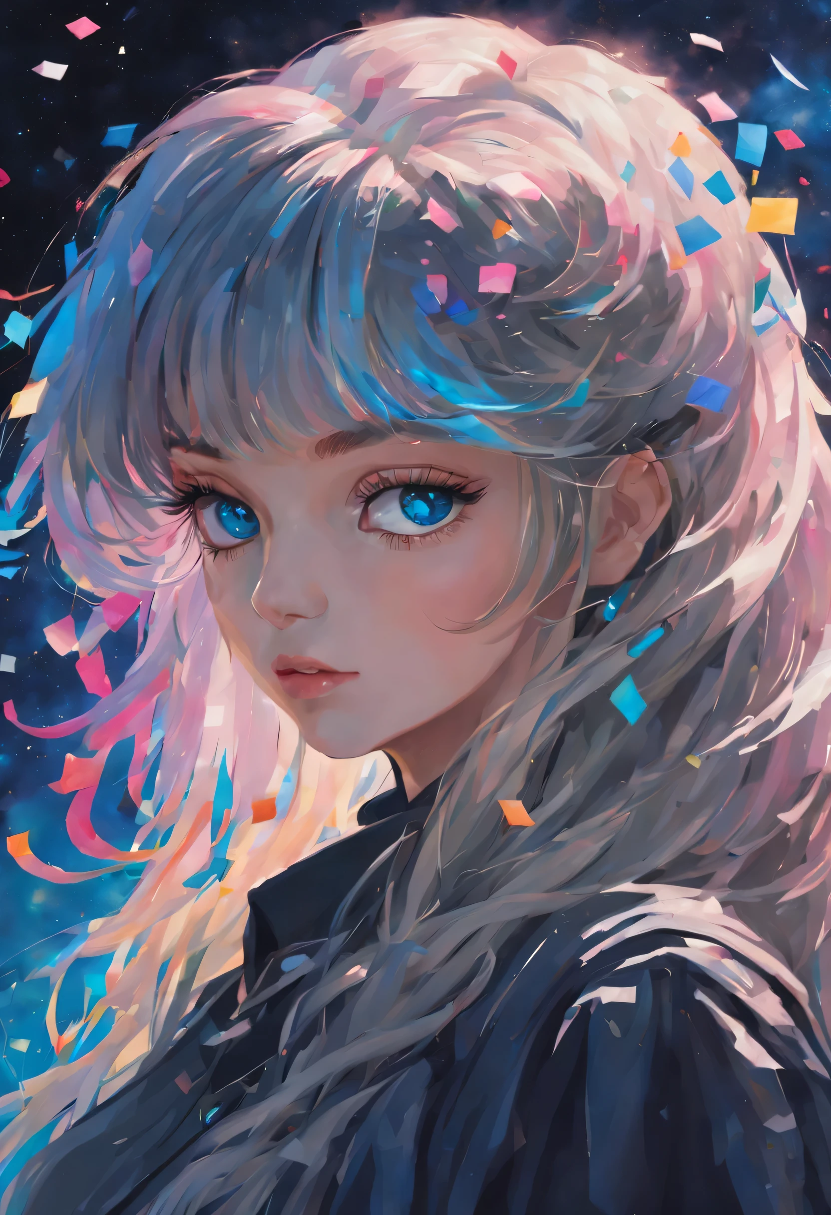Colored confetti,1990s \(style\), 1 girl, blue eyes, epaulettes, hair covering one eye, long hair, artistic focal point, \(mitigate\), retro artstyle, alone, Traditional media, curls, white hair, | Beautiful night sky | photo manipulation| beautiful composition, Contemporary Impressionism, Portrait of Cheng Yanjun , rainbow colors , 3/4 perspective view, cute face, low angle, (The most beautiful portraits in the world:1.5), ultra high definition, human development report, 8k, (masterpiece:1. 5), dark theme