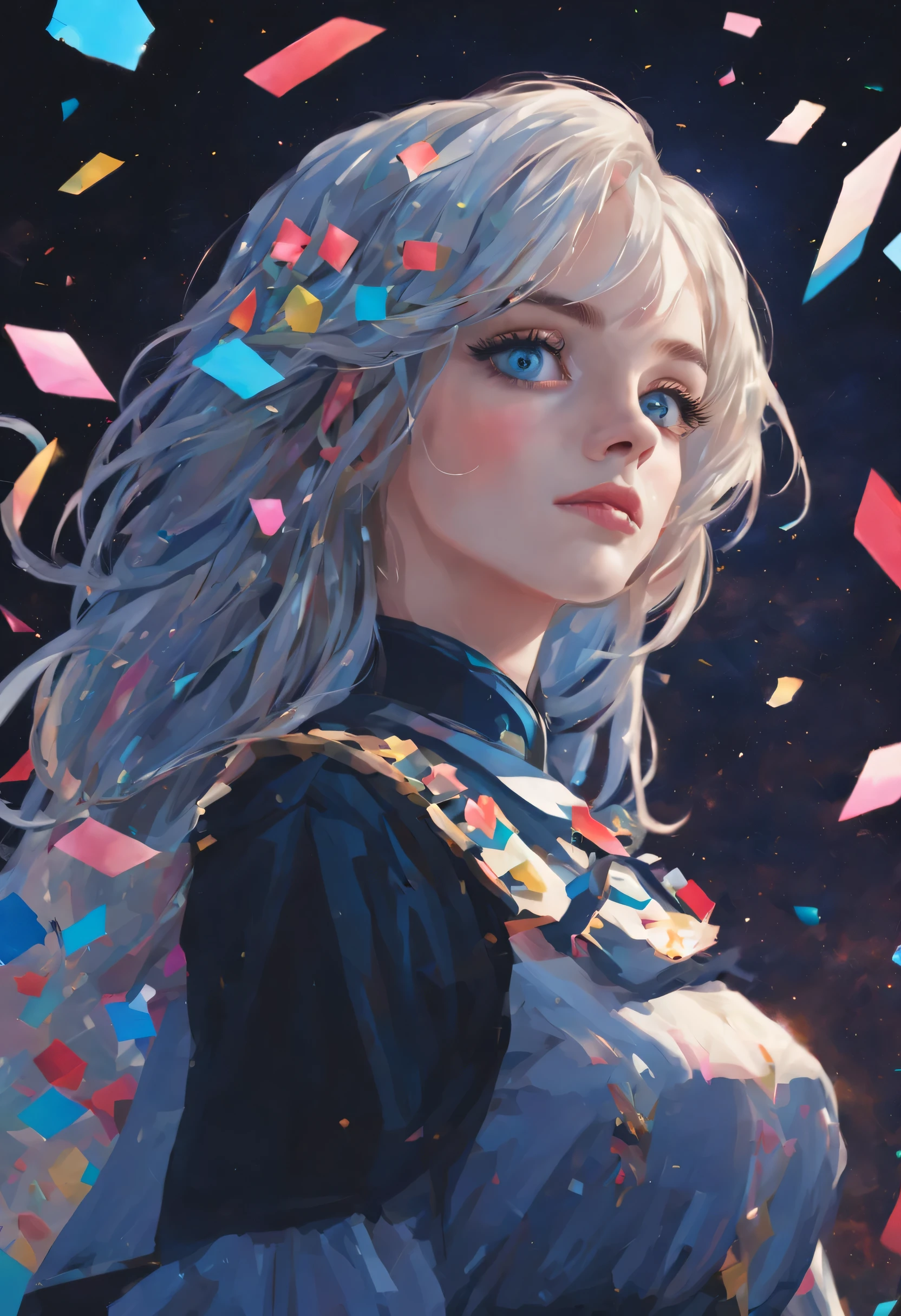 Colored confetti,1990s \(style\), 1 girl, blue eyes, epaulettes, hair covering one eye, long hair, artistic focal point, \(mitigate\), retro artstyle, alone, Traditional media, curls, white hair, | Beautiful night sky | photo manipulation| beautiful composition, Contemporary Impressionism, Portrait of Cheng Yanjun , rainbow colors , 3/4 perspective view, cute face, low angle, (The most beautiful portraits in the world:1.5), ultra high definition, human development report, 8k, (masterpiece:1. 5), dark theme