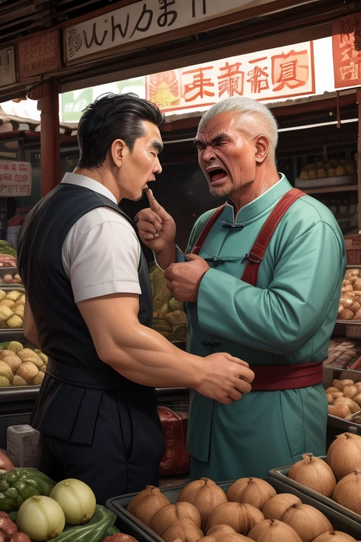 Two men quarrel,A very heated argument at the wet market,There was no one next to it,traditional chinese man,Very angry