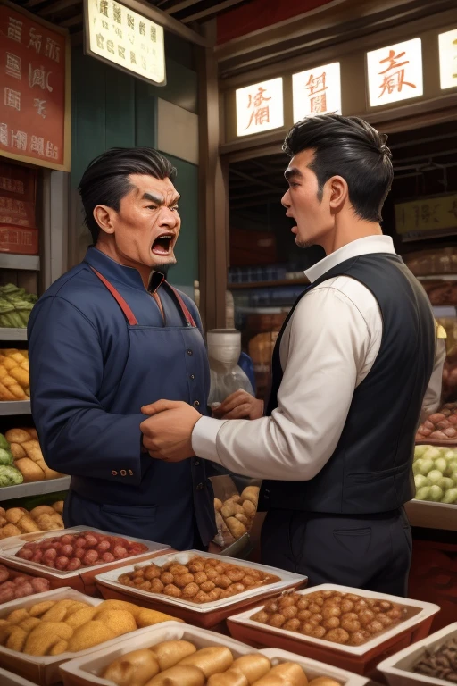 Two men quarrel，A very heated argument at the wet market，There was no one next to it，traditional chinese man，Very angry