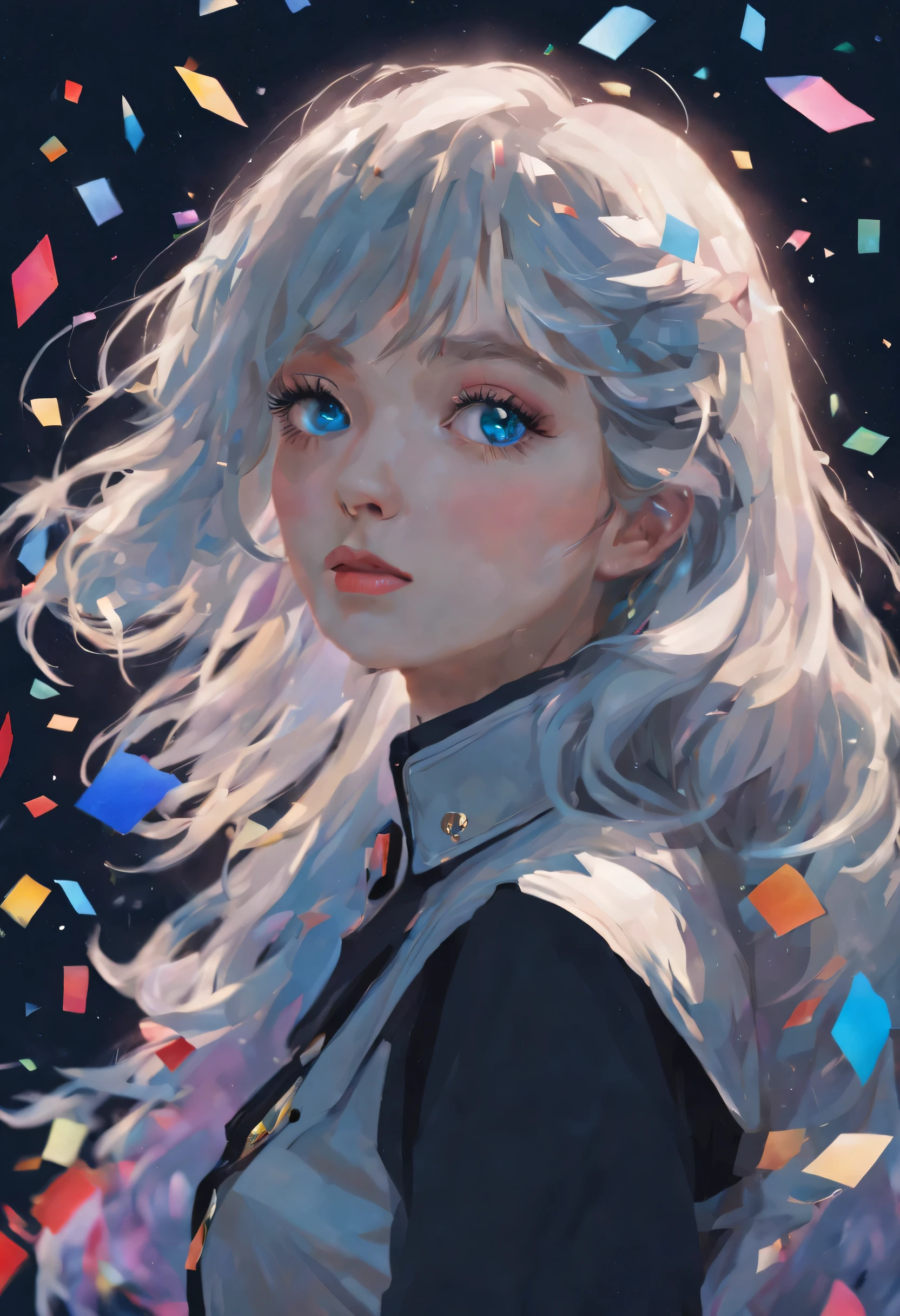 Colored confetti,1990s \(style\), 1 girl, blue eyes, epaulettes, hair covering one eye, long hair, artistic focal point, \(mitigate\), retro artstyle, alone, Traditional media, curls, white hair, | Beautiful night sky | photo manipulation| beautiful composition, Contemporary Impressionism, Portrait of Cheng Yanjun , rainbow colors , 3/4 perspective view, cute face, low angle, (The most beautiful portraits in the world:1.5), ultra high definition, human development report, 8k, (masterpiece:1. 5), dark theme