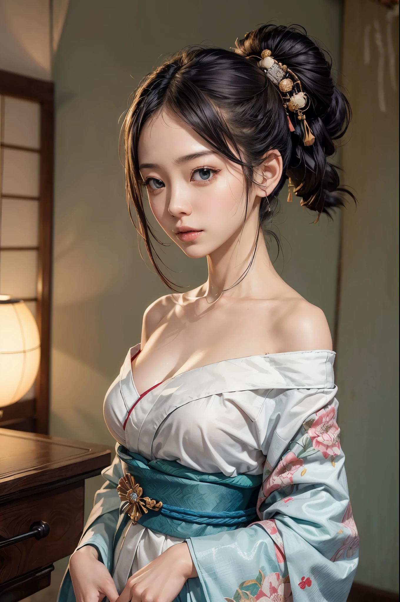 (masutepiece:1.Photoreal Stick:1.4, 8K), top-quality, ​masterpiece, 超A high resolution, Professional camera work, Grow Light Effect, Realistic portrait, Cinematic Light, Highly detailed skin and facial texture:1.Perfect dynamic composition, The ultra-detailliert, A detailed eye, Detailed limbs, (Japanese-style room in the Japan, formal hanging scroll, tradition:1.5), 1girl in, 25-years old, cute sexy japanese slim woman, Fair skin, (Enraptured look:0.9, Totally captivates you:1.0), (Silver kimono:1.32 off shoulder), (voluptuous breasts:0.9), (Backshots, Calm pose), (Beautiful blue eyes, Eyes that feel beautiful eros:0.85), Sexy face:0.4, (A mouthfeel that feels beautiful eros:0.85), ((Too cute beauty:0.9))