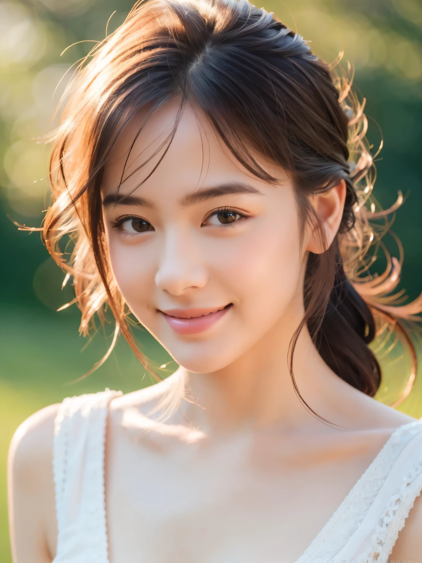 masterpiece, highest quality, RAW photo, realistic, smile, beautiful girl, cute, delicate girl, hair up, written boundary depth, High resolution, Super detailed, detailed, 非常にdetailedな目と顔, realistic student, sharp focus, cinematic lighting, Upper body,