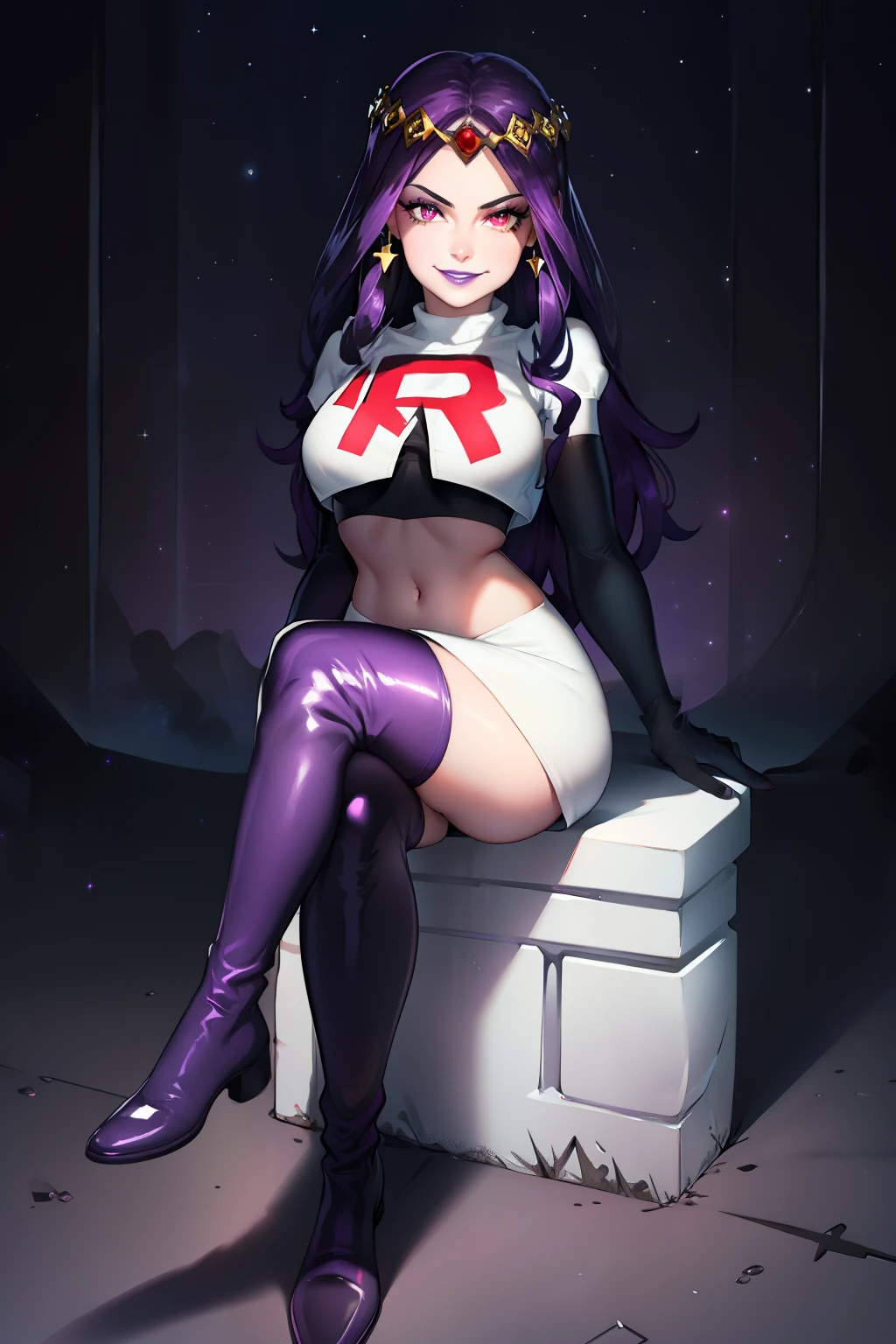  hilda,purple hair ,purple lips, tiara, red eyes ,glossy lips ,team rocket uniform, red letter R, white skirt,white crop top,black thigh-high boots, black elbow gloves, evil smile, sitting down ,legs crossed, night sky background