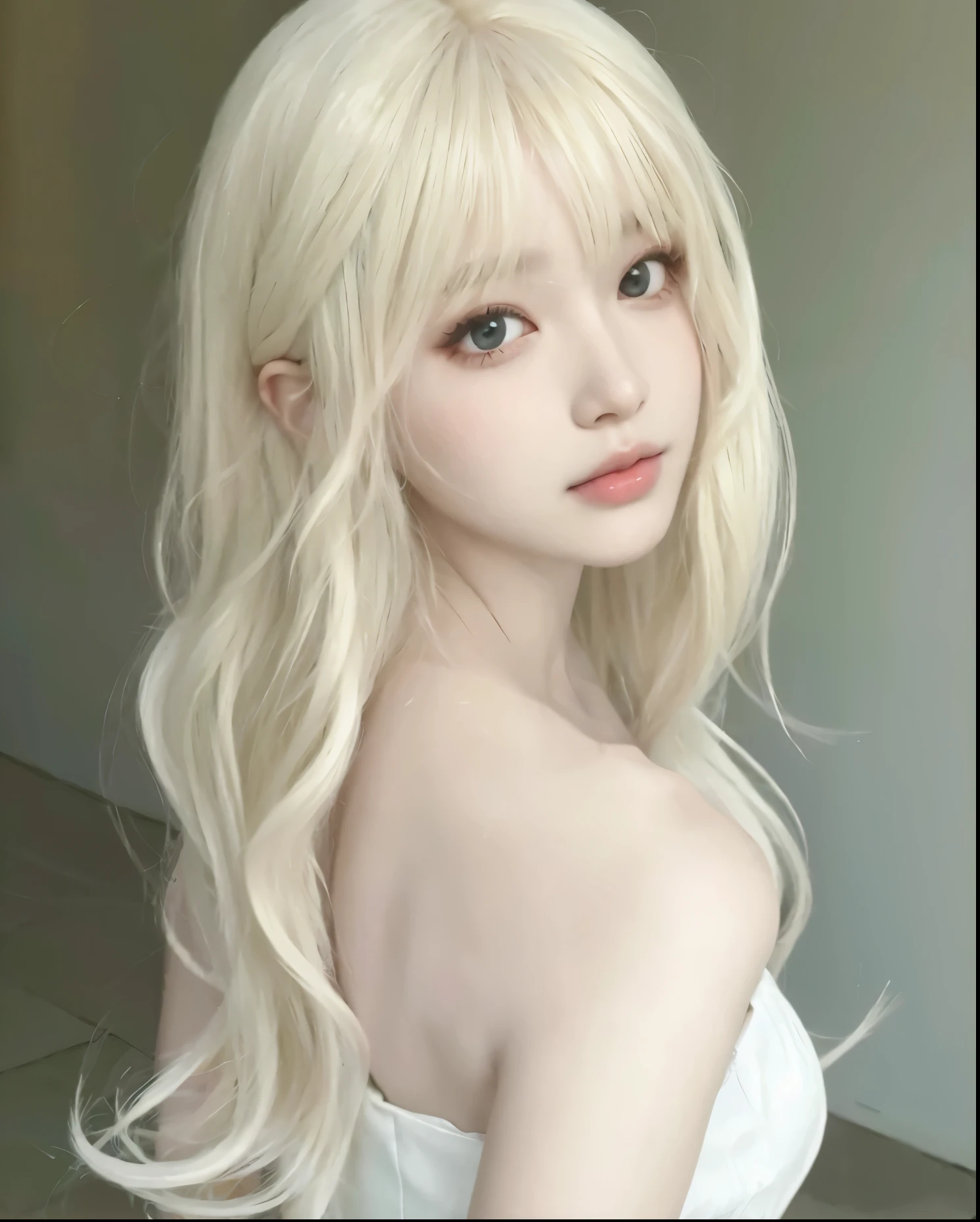 um close up de uma mulher com longos cabelos loiros e um vestido branco, longos cabelos brancos e franja, penteado com corte hime branco, Ulzzang, com cabelos longos brancos, garota anime loira com cabelo comprido, com longos cabelos brancos, rosto de anime natural fofo, com cabelo branco, longos cabelos loiros e olhos grandes, Guweiz, cabelos brancos longos e ondulados