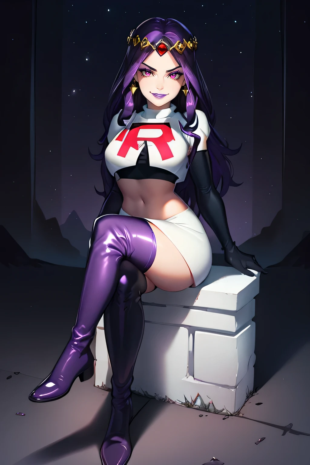  hilda,purple hair ,purple lips, tiara, red eyes ,glossy lips ,team rocket uniform, red letter R, white skirt,white crop top,black thigh-high boots, black elbow gloves, evil smile, sitting down ,legs crossed, night sky background