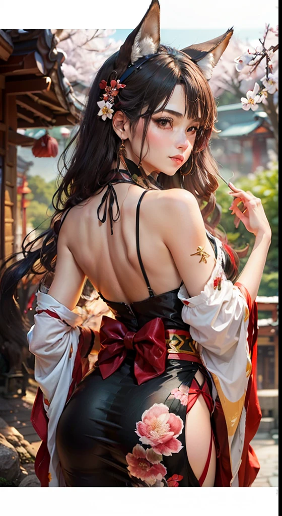1 beautiful japanese girl, ethereal beauty, goddes, full body, seductive body, wearing kimono, mini skirt, long hair, ribbons in the hair, Cyberpunk city from sci-fi movie, empty street, night, fullmoon, chinoiserie buildings, old shop, irregular, circuit boards, wires, intricate, super detailed, realistic, hyper realistic, high quality, best, super detailed, crazy Detail, Very Detailed, Photorealistic, Epic Composition, Best Quality