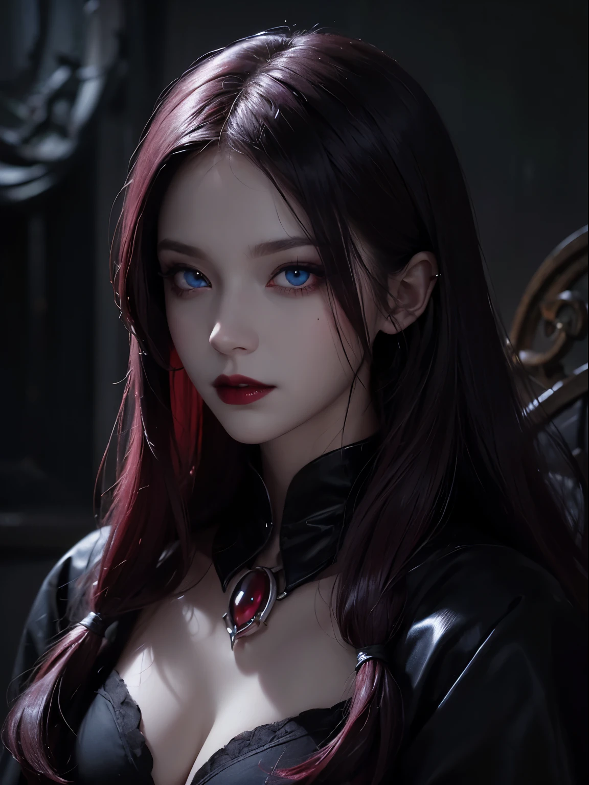 ((masterpiece)), surreal, Portrait of a beautiful white-skinned vampire (Black enamel),,Burgundy hair, blood lipstick, bright blue eyes, in a dark and gloomy environment,snake