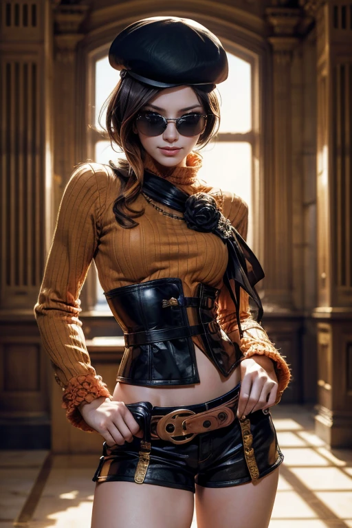 (masterpiece,stunning girlfriend, (standing:1.1), dynamic pose, heart shaped face, elegant face, beautiful face, highly detailed face, highly detailed skin, skin pores, subsurface scattering, realistic pupils, loving smile, looking at viewer, full face blush, full lips, detailed background, depth of field, atmospheric perspective, volumetric lighting, sharp focus, absurdres, realistic proportions, good anatomy, (realistic, hyperrealistic:1.4), 16k hdr, (masterpiece, best quality:1.2), cowboy shot, solo, 1girl, coco adel, grin, looking at viewer, hand on hip, beret, orange sweater, corset, black gloves, shorts, jewelry, belt, bandolier, sunglasses, night, moon, standing in library, large windows ((sfw))