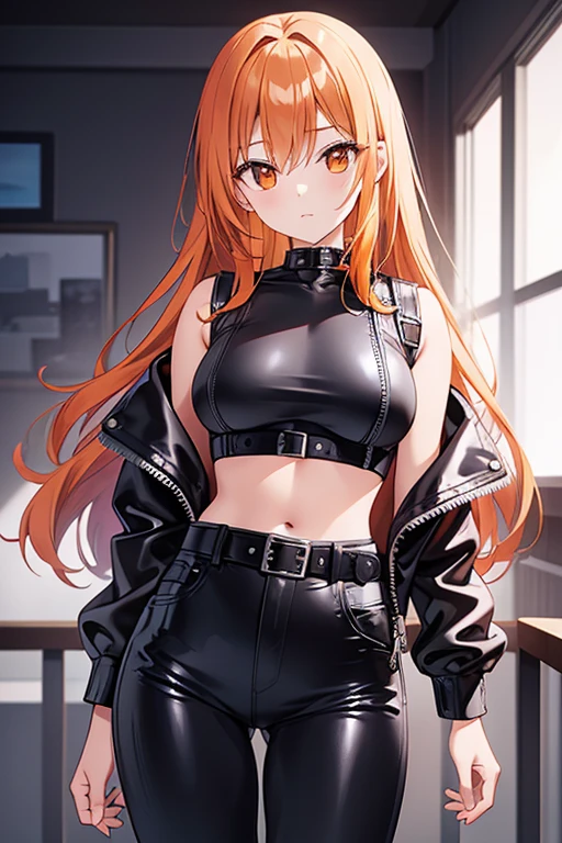 A beautiful woman with straight orange hair dressed in a black latex jean, a belt and a silver top with a bare waist and a leather jacket