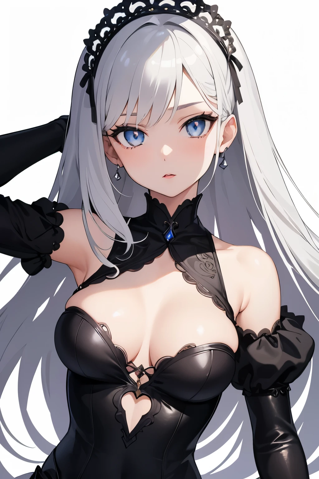 1girl, anime, cute girl, blank background, white background, fantasy, detailed dark fantasy dress with highlights, beautiful face, beautiful eyes, dark colors, silver hair, slightly small breasts, slight cleavage, beautiful skin, cute, breast curtains, extremely delicate and beautiful, (beautiful detailed face:1.0), (detailed deep eyes), symmetrical breasts, deep eyes, shiny skin, portrait, slender waist, hips wider than shoulders, thighs, young girl, expressionless, luminous eyes