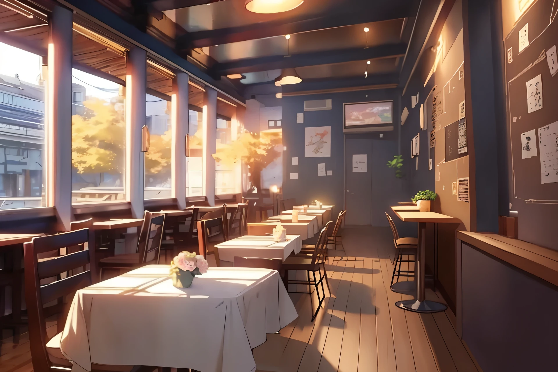 mesas e cadeiras em um restaurante com vista para a cidade, cozy cafe background, Linda cena de anime, fundo de anime art, estilo de makoto shinkai, ( ( makoto shinkai ) ), fundo de anime, makoto shinkai. —h 2160, in estilo de makoto shinkai, Linda cena de animery, studio lightly makoto shinkai