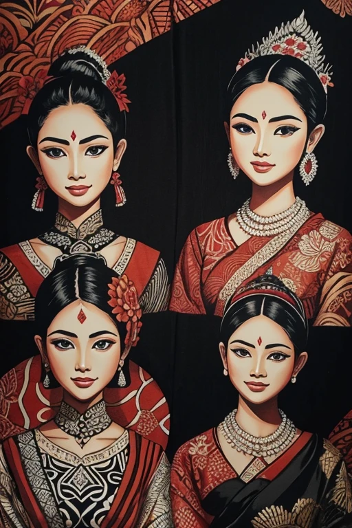 balinese batik painting on fabric, using red, black and white color