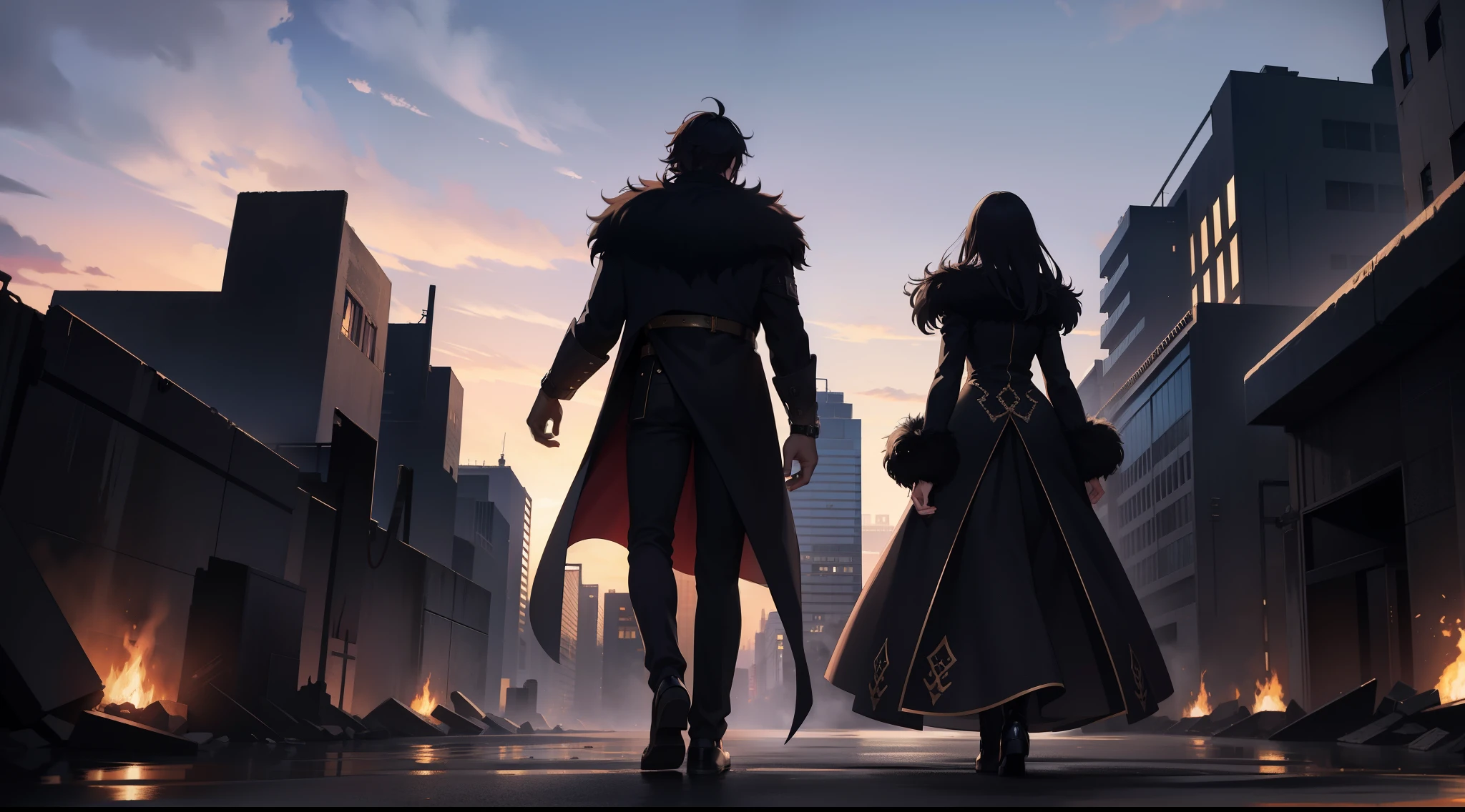 A male and a female in a long fur coat face away from the picture,Walk through vast ruins,Under the stars,In the dark,black hair.