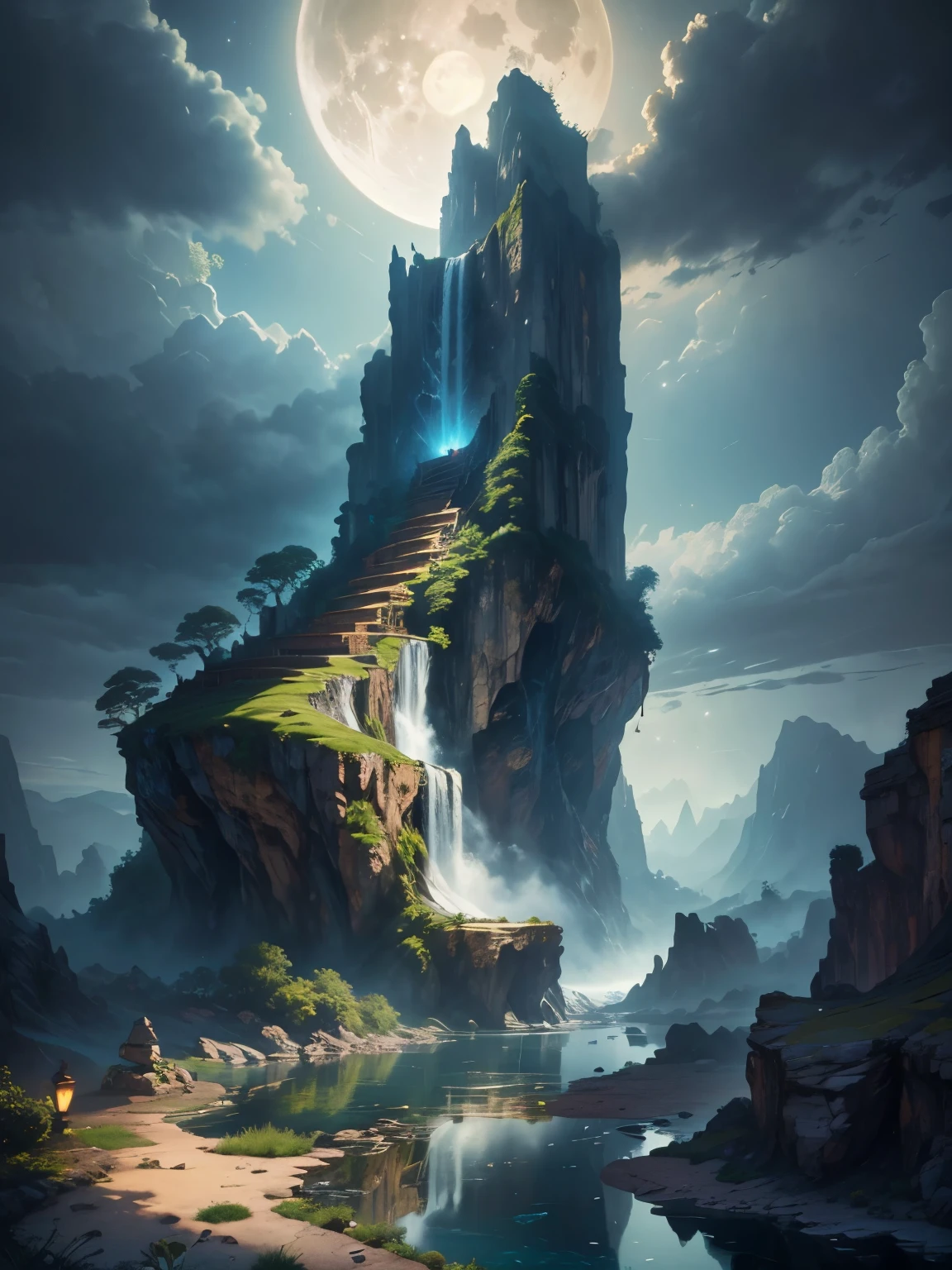 there is a large waterfall in the middle of a mountain, ancient city, epic matte painting of an island, the lost city of atlantis, an aztec city in a island lake, ancient city landscape, lost city of atlantis, marc simonetti. intricate, beautiful concept art, stunning concept art, highly realistic concept art, art style of marc simonetti, (((masterpiece))), best quality, high quality, extremely detailed CG unity 8k wallpaper, scenery, outdoors, sky, cloud, no people, mountain, landscape, water, tree, blue sky, waterfall, cliff, nature, lake, river, cloudy sky,award winning photography, Bokeh, Depth of Field, HDR, bloom, Chromatic Aberration ,Photorealistic,extremely detailed, trending on artstation, trending on CGsociety, Intricate, High Detail, dramatic, art by midjourney, tall waterfall, painting of a river with rocks and trees in the foreground, near a river, landscape, jungle, waterfall, crystal clear water, night light,((full moon)), colorful, river with rocks, rock bridge, epic, fantasy, ((roses and flowers on the banks of the pond)), ((oil painting)), moon landscape reflected in river, ((rock bridge))