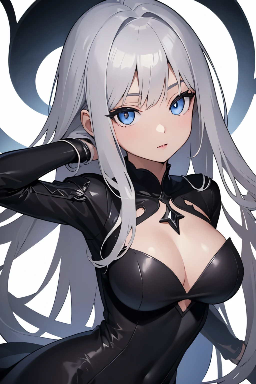 1girl, anime, cute girl, blank background, white background, fantasy, detailed dark fantasy dress with highlights, beautiful face, beautiful eyes, dark colors, silver hair, slightly small breasts, slight cleavage, beautiful skin, cute, breast curtains, extremely delicate and beautiful, (beautiful detailed face:1.0), (detailed deep eyes), symmetrical breasts, deep eyes, shiny skin, portrait, slender waist, hips wider than shoulders, thighs, young girl, expressionless, luminous eyes