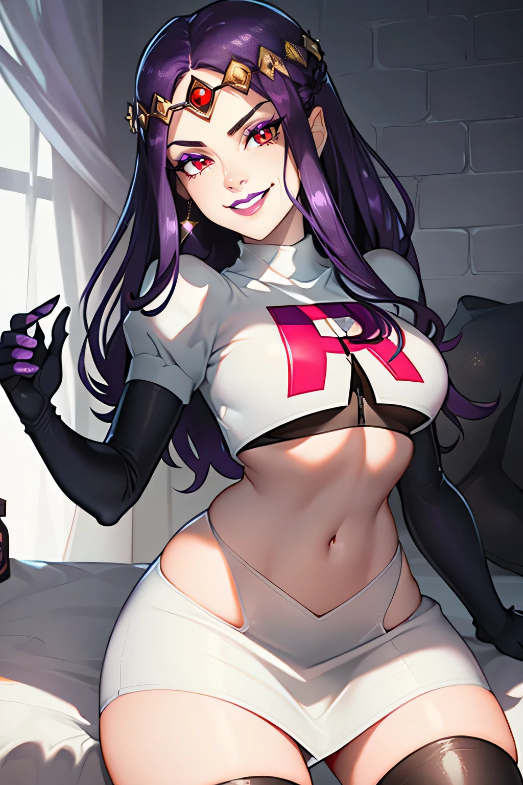 hilda,purple hair ,purple lips, tiara, red eyes ,glossy lips ,team rocket uniform, red letter R, white skirt,white crop top,black thigh-high boots, black elbow gloves, evil smile, sexy poses