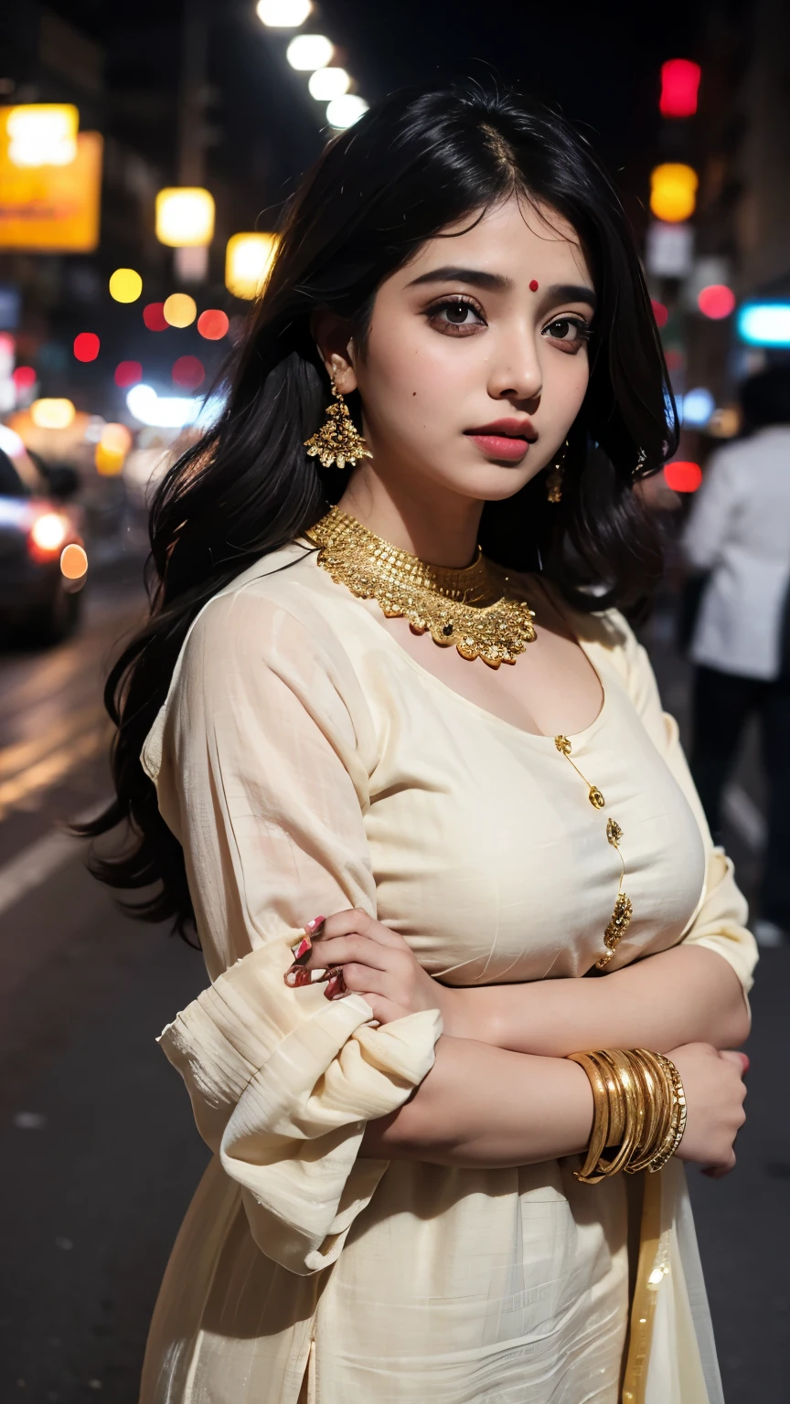 (((desi girl))), chubby face, natural skin, wearing hot deep neck khamir salwar and dupatta, charming black hair, Badi Choti ((hair ends are blonde)), city streets background, bokeh