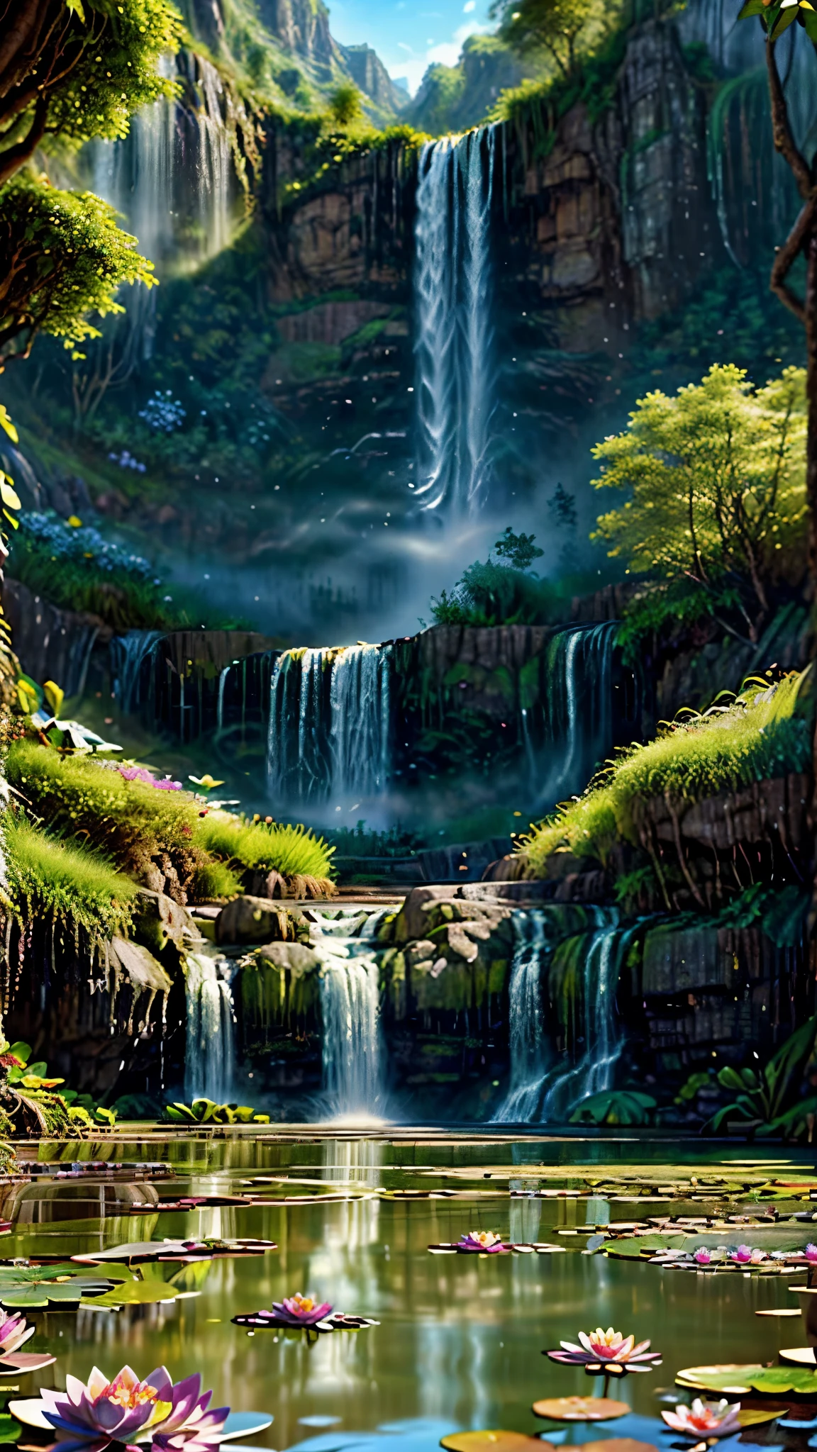 painting of a waterfall with water lilies and a waterfall in the background, flowers and waterfalls, kenton nelson, beautiful digital painting, gorgeous digital painting, detailed digital painting, highly detailed digital painting, hildebrandt, very detailed digital painting, stunning digital painting, lush oasis, alpine pond with water lilies, digital painting highly detailed, high quality digital painting, lotus pond