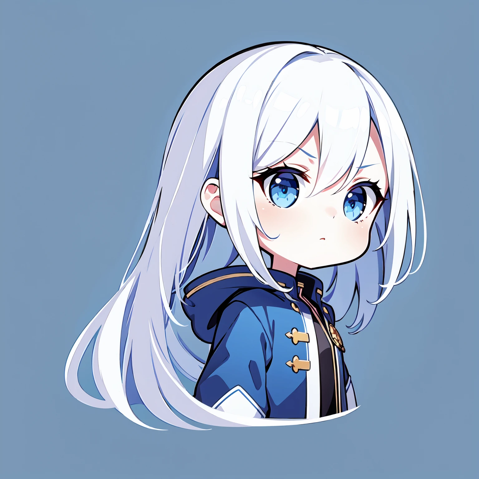 超A high resolution, Best aesthetic, Best Quality, masterpiece, Flat Avatar, 1girl, white hair, blue eyes, blue jacket, sigh, tsundere, Chibi, simple background, large oval eyes, simple background