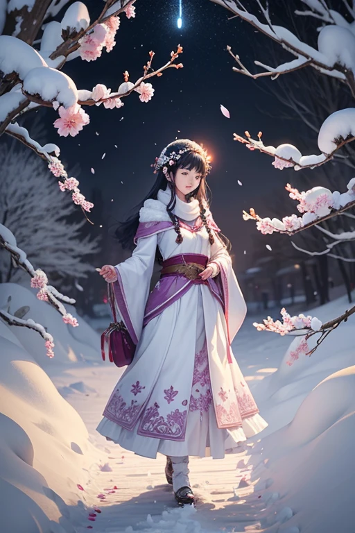 In Merlin,Falling petals and snow are the background,bright lights,Plum blossoms are in full bloom,Many plum blossoms,Heavy snow,snowflakes falling,