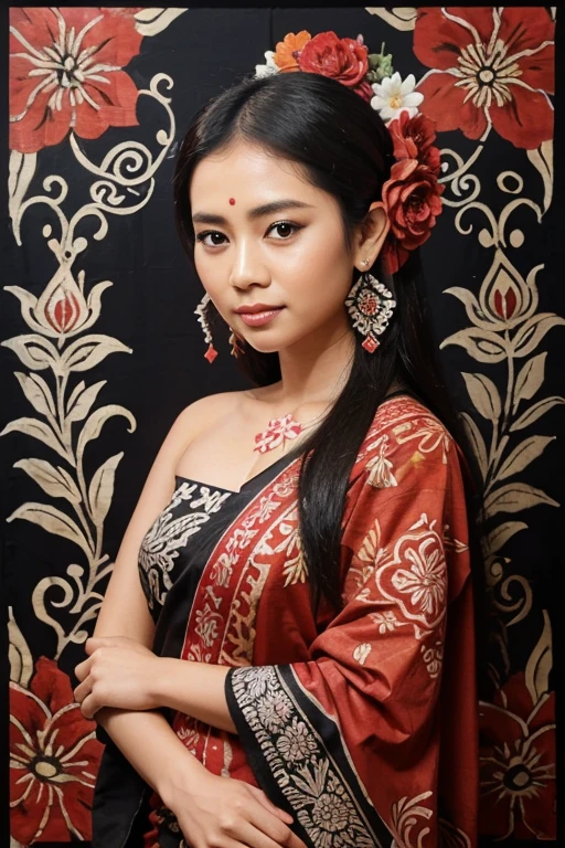 balinese batik painting on fabric, using red, black and white color