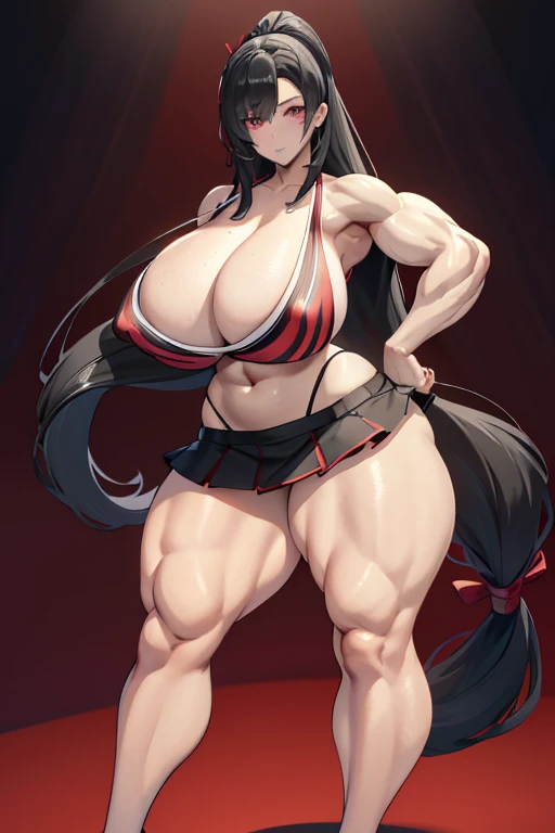 Best quality,8K,ultra high res:1.5),(Pretty very very long ponytail hair tied with red ribbon girl),(Huge breasts:0.50),(very voluptuous body),(very voluptuous thigh),(body builder girl:1.5),(wide muscle:1.8),(light smile),(eyes to camera),(light black hair),(red bra),(red short skirt),(nipples),(sexy abdominal muscles),(standing),(black shoes),(blue eye ball)