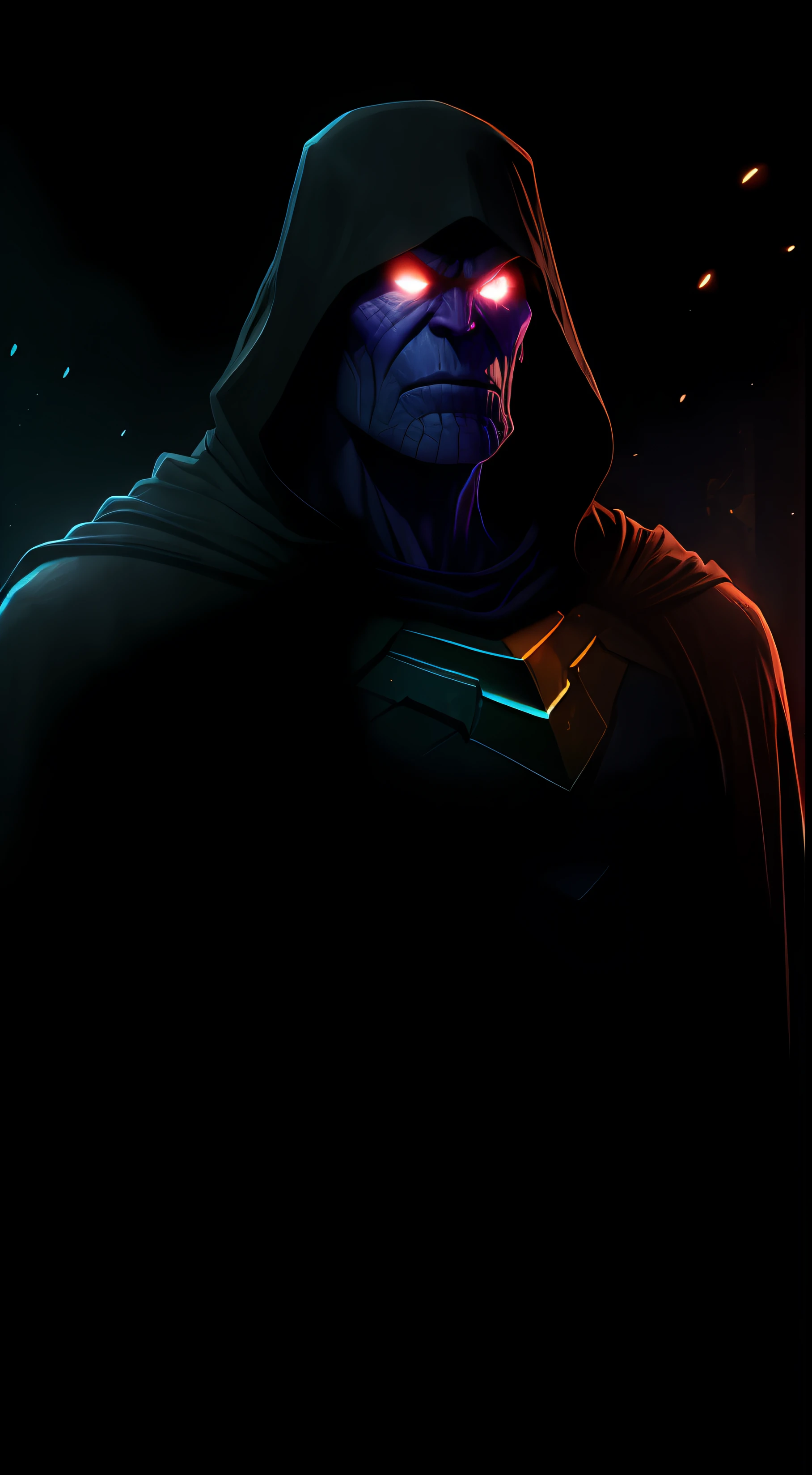 (tiro escuro: 1.1), realistic epic, Thanos no escuro com olhos brilhantes e capa brilhante, soft cinematographic light, Adobe Lightroom, sala escura, HDR, Intricado, altamente detalhado, (profundidade de campo: 1.4), hiper-detalhe (Art Station: 1.4), cinematographic, luz quente, Dramatic light (detalhes complexos: 1.1)