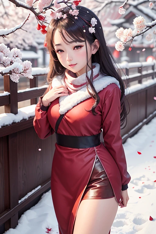 Red plum blossoms,Falling petals and snow are the background,bright lights,Plum blossoms are in full bloom,Many plum blossoms,Heavy snow,snowflakes falling,Chinese red background