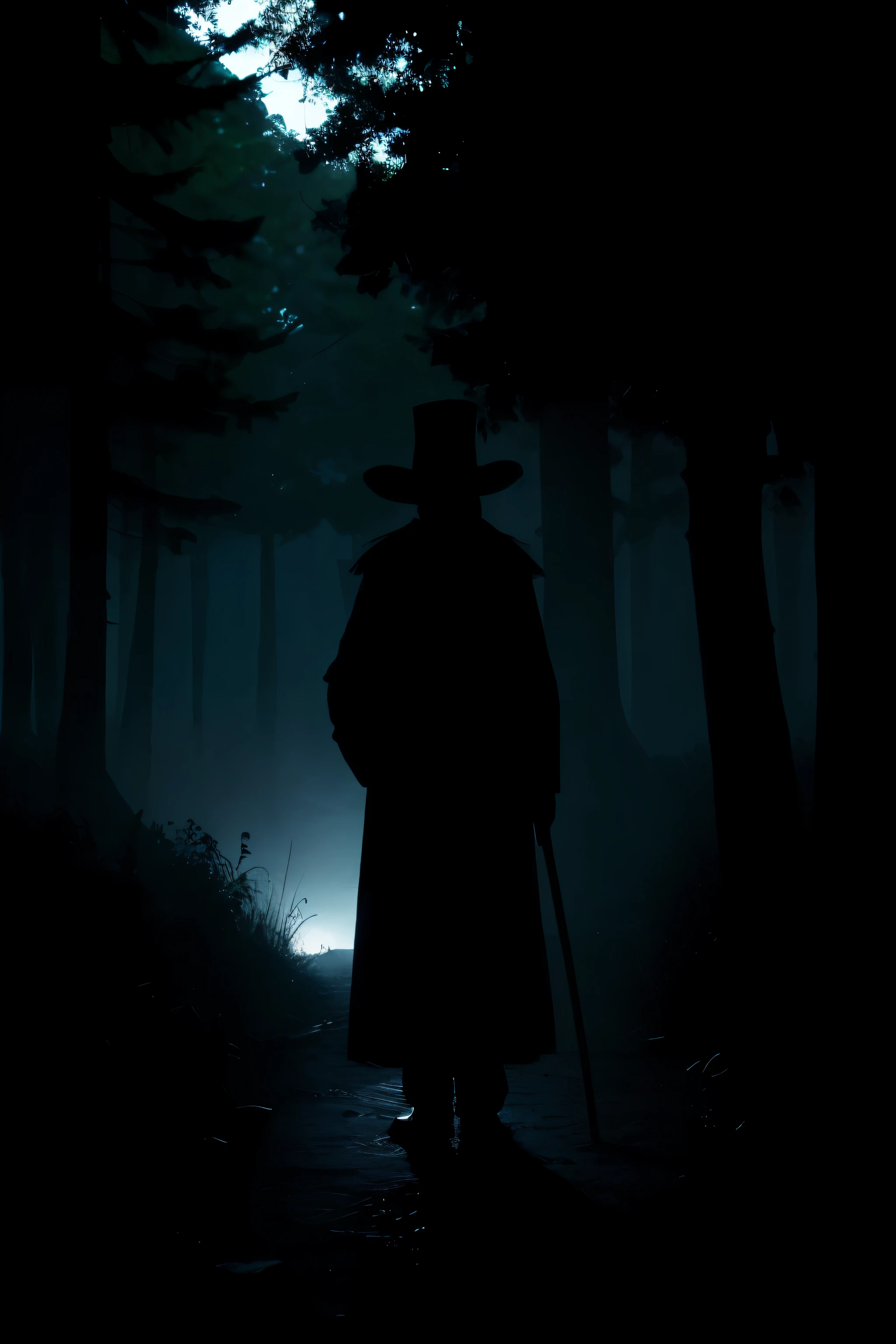 shadow silhouette of an occultist elderly man with a stick in his hands in a forest in the middle of the night, silhouette without lighting, shadow silhouette in darkness, silhueta de jazz, sombra em uma floresta. sombra sem corpo, sem rosto, sombra silhueta, silhueta sombria dentre arvores, silhueta de uma pessoa nas sombras