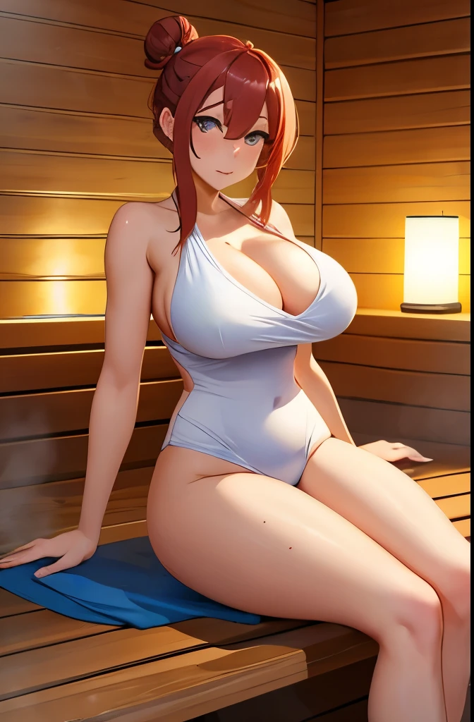 looking at viewer, slim waist, thick thighs, hair bun, huge , wearing towel, sitting, in sauna, steam, (masterpiece), (best quality:1.2), absurdres, intricate details, (highly detailed skin:1.2),