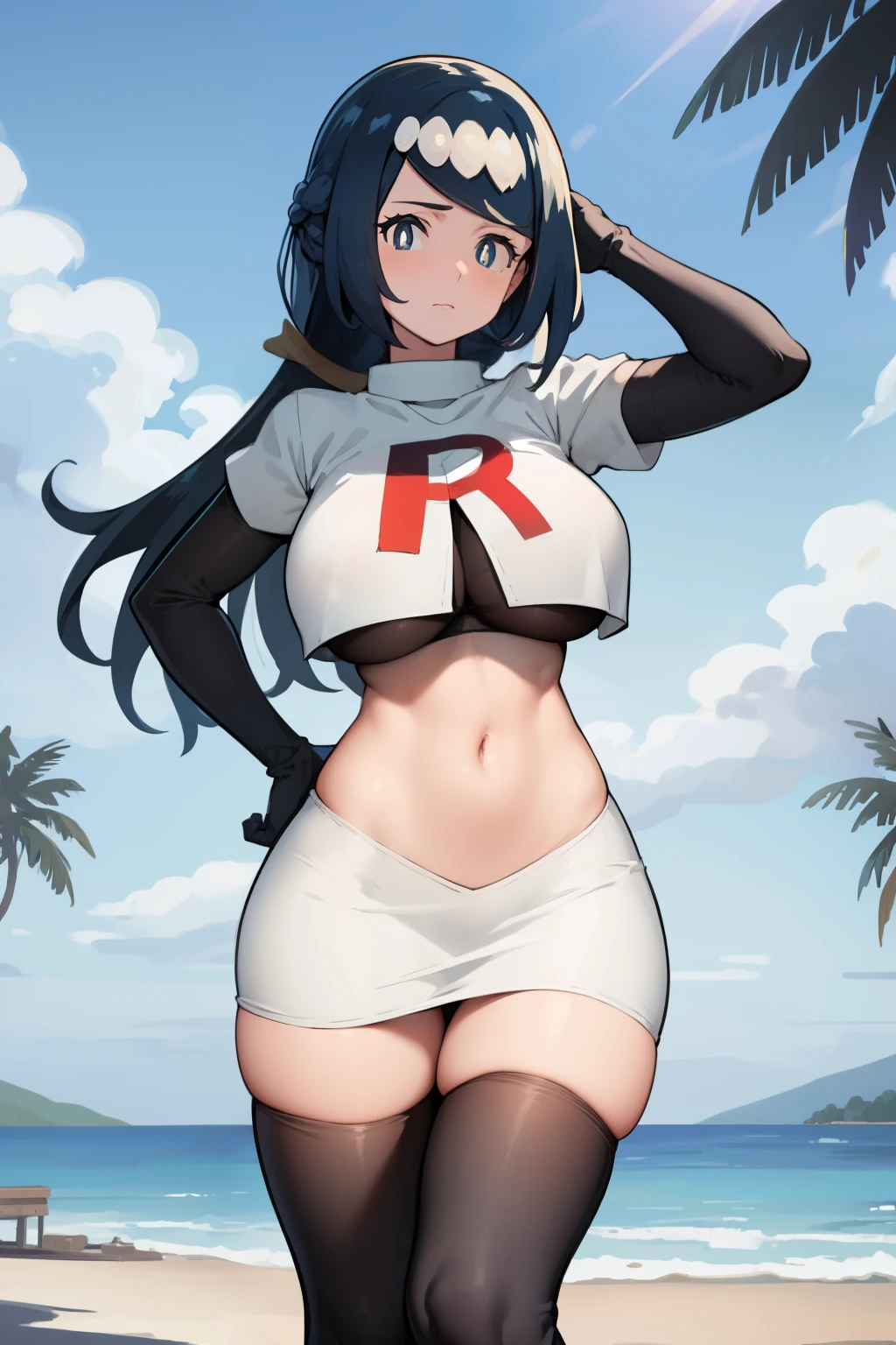 masterpiece, best quality, lanamother, white pupils, long hair, hair ornament, team rocket,team rocket uniform, red letter R, white skirt,white crop top,black thigh-highs,black elbow gloves, large breasts, mature female, wide hips,  looking at viewer, beach, palm trees, boardwalk,