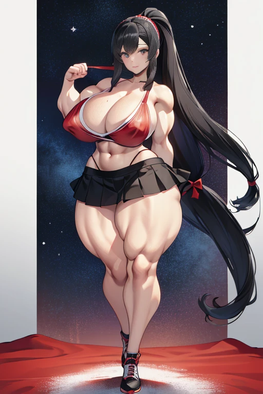 Best quality,8K,ultra high res:1.5),(Pretty very very long ponytail hair tied with red ribbon girl),(Huge breasts:0.50),(very voluptuous body),(very voluptuous thigh),(body builder girl:1.5),(wide muscle:1.8),(light smile),(eyes to camera),(light black hair),(red short skirt),(small nipples),(sexy abdominal muscles),(standing),(black shoes),(blue eye ball),(red bra)