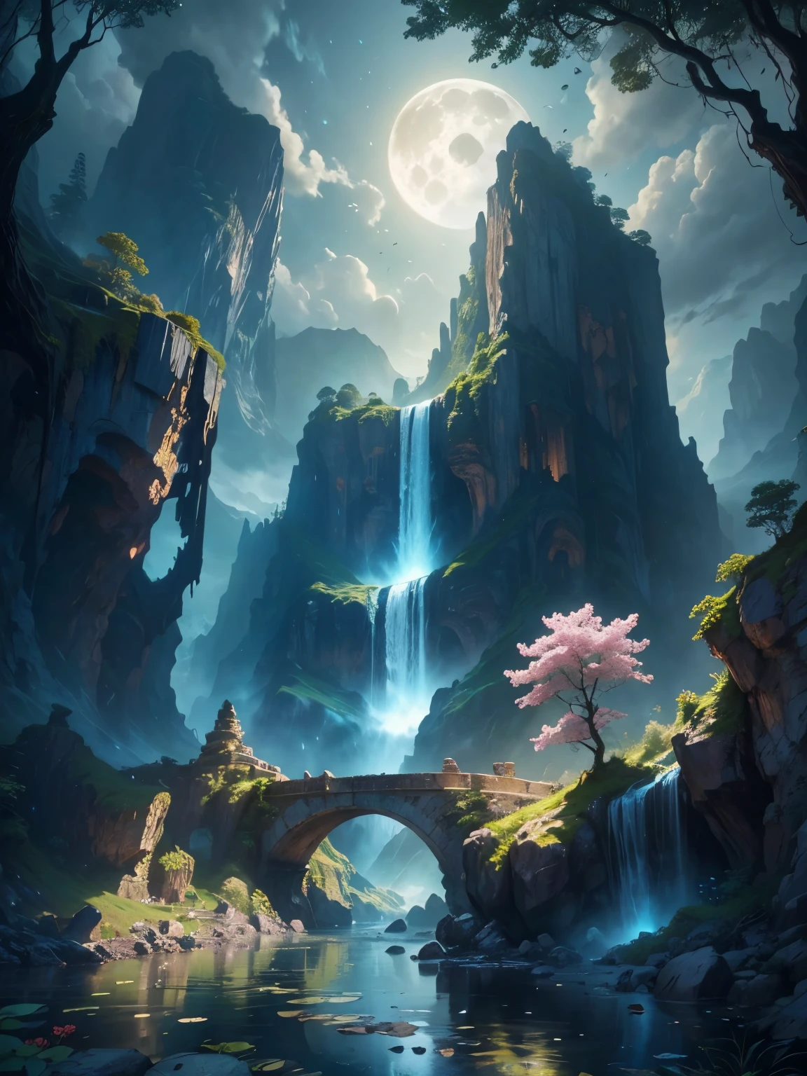 there is a large waterfall in the middle of a mountain, ancient city, epic matte painting of an island, the lost city of atlantis, an aztec city in a island lake, ancient city landscape, lost city of atlantis, marc simonetti. intricate, beautiful concept art, stunning concept art, highly realistic concept art, art style of marc simonetti, (((masterpiece))), best quality, high quality, extremely detailed CG unity 8k wallpaper, scenery, outdoors, sky, cloud, no people, mountain, landscape, water, tree, blue sky, waterfall, cliff, nature, lake, river, cloudy sky,award winning photography, Bokeh, Depth of Field, HDR, bloom, Chromatic Aberration ,Photorealistic,extremely detailed, trending on artstation, trending on CGsociety, Intricate, High Detail, dramatic, art by midjourney, tall waterfall, painting of a river with rocks and trees in the foreground, near a river, landscape, jungle, waterfall, crystal clear water, night light,((full moon)), colorful, river with rocks, rock bridge, epic, fantasy, ((roses and flowers on the banks of the pond)), ((oil painting)), moon landscape reflected in river, ((rock bridge))