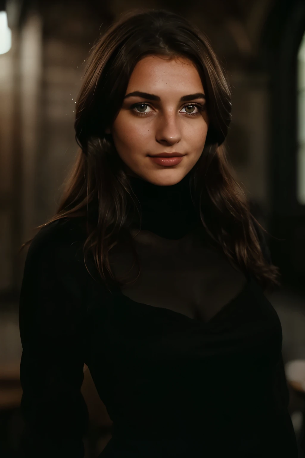 tiefes Foto, depth of field, Ferrania P30 Film, Schatten, Zerzaustes Haar, perfect face and body, dunkel, Nacht, dunkel photo, grainy, schwach beleuchtet, seductive smirk, Scharfer Kamerablitz ((Augen geschlossen)) Full body, rotes Kleid