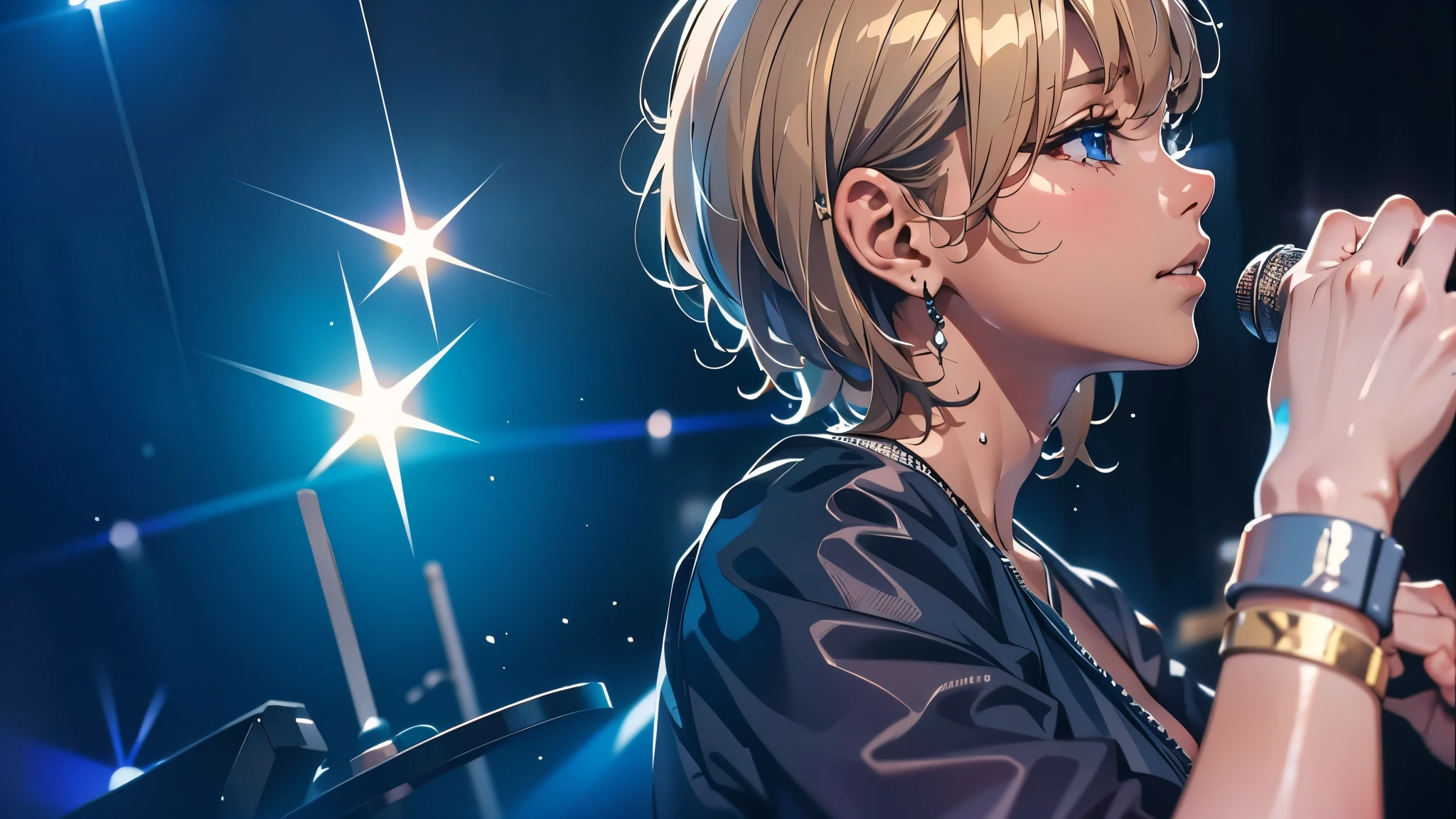 (table top), sexy、Natural light, realistic diffused glow, professional lighting、Shine a spotlight on a person&#39;s large eyes、eyes are blue、blonde、Russian、Live venue、sad expression、stand microphone、hold the right mic、