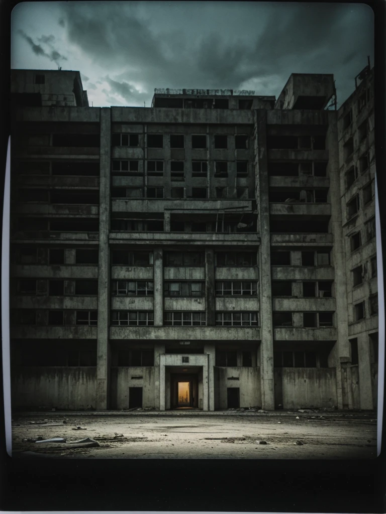 A Polaroid photo of a deserted haunted brutalism building at night. Iluminated by a flashlight only. A dark creature. host. Russia. Dark. Night. Dark clouds. 3 am. Chernobyl. Horror. Eerie. Strange. Fear.