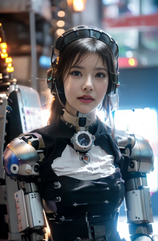 (8K、highest quality、masterpiece:1.2)、(realistic、Photoreal:1.37)、super detailed、surrealism、(1 Maid of humanoid Girl)、(((((maid)))))、anatomically correct、look at the camera、(((((An android that is entirely mechanical from the neck down.)))))、(((((humanoid)))))、cute、Clear face、solo、(nose redness)、(laughter:1.15)、beautiful eyes、Big eyes、(length:1.2)、floating hair nova frog style、brown hair、Machine body、Body cable、Pinnafor、(((((Gears on the surface of the body、Body valves on the surface of the body、Transistors on the surface of the main unit、Vacuum tubes on the surface of the body)))))、cyber punkした、electrical cables、((((retro future)))、Cyan LED、(((inside a spaceship)))、Stylish coffee shop with pink walls、(((Heavy machine、microchip、nffsw)))、(((((cyber punk)))))、(((((World of science fiction)))))