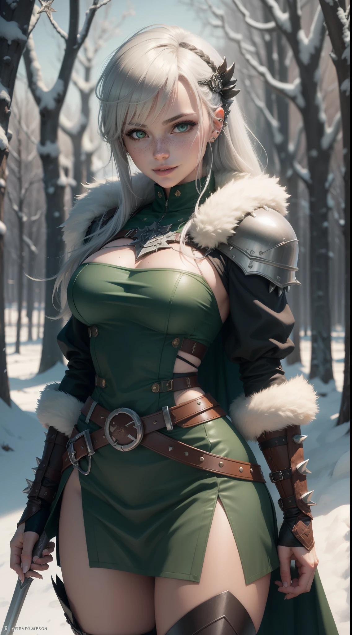 gwen tennyson,yorha 2b,mordred,samus aran,warcraft,atelier ryza,close up,winter forest,viking village,rune tattoos,fur and royal green plugsuit,winter viking linen shirt,royal green viking cape,spiked armor,viking linen pants,short viking hair,viking war makeup,green eyes,multicolored silver hair, spiked gloves,sexy smile,freckles,beautiful girl,knee high spiked boots,large breasts,8k,ultra detailed,realistic,fantasy art,fur viking armor,hair pin,ear piercings,(weather:windy),1girl,long viking battle axe,stone neck and belt jewelry,
